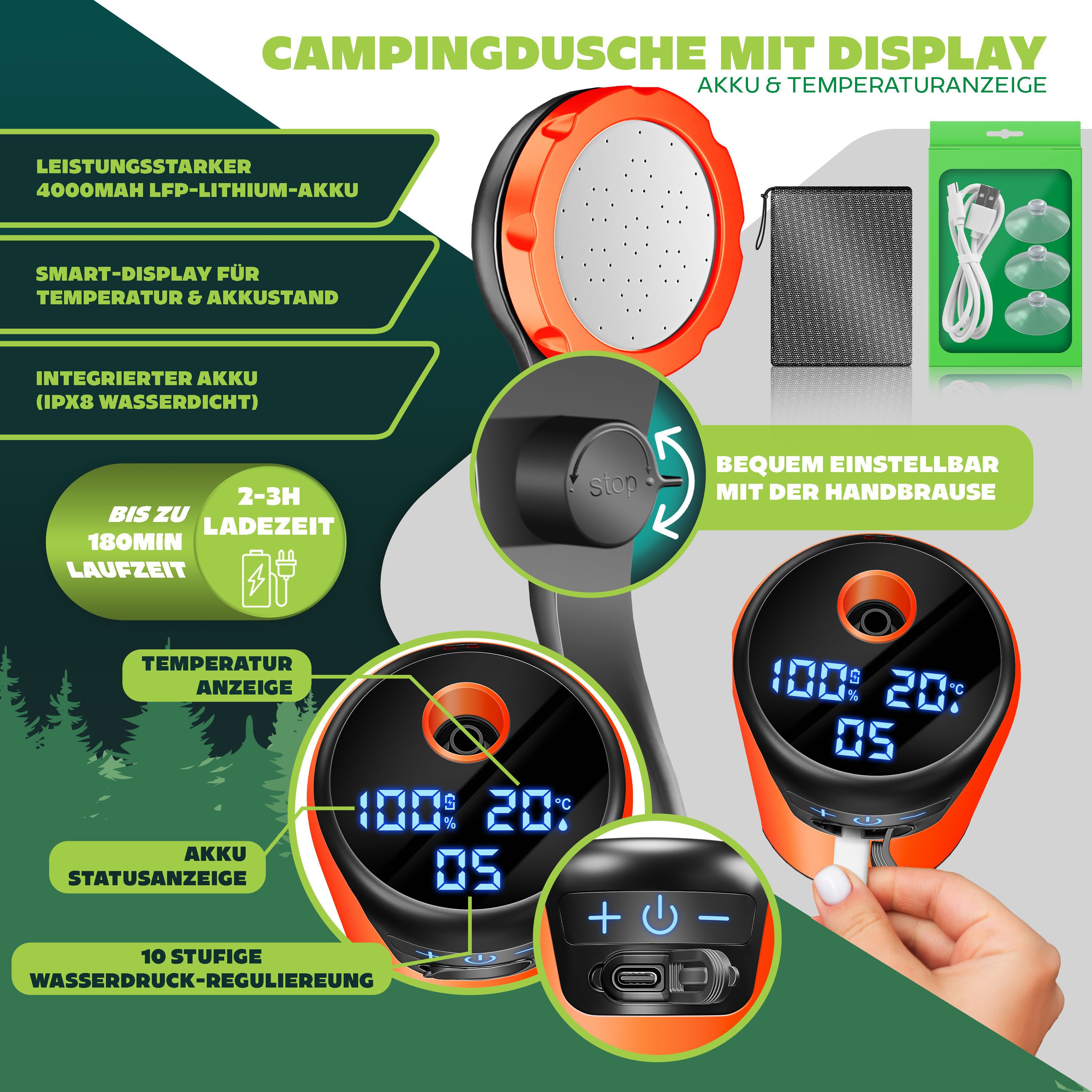 KESSER Gartendusche Campingdusche mit Pumpe & wiederaufladbarem Akku 4000mAh (Mobile Dusche inkl. Duschkopf, 2m Schlauch, Sprühpistole & Halterung), Outdoor Dusche