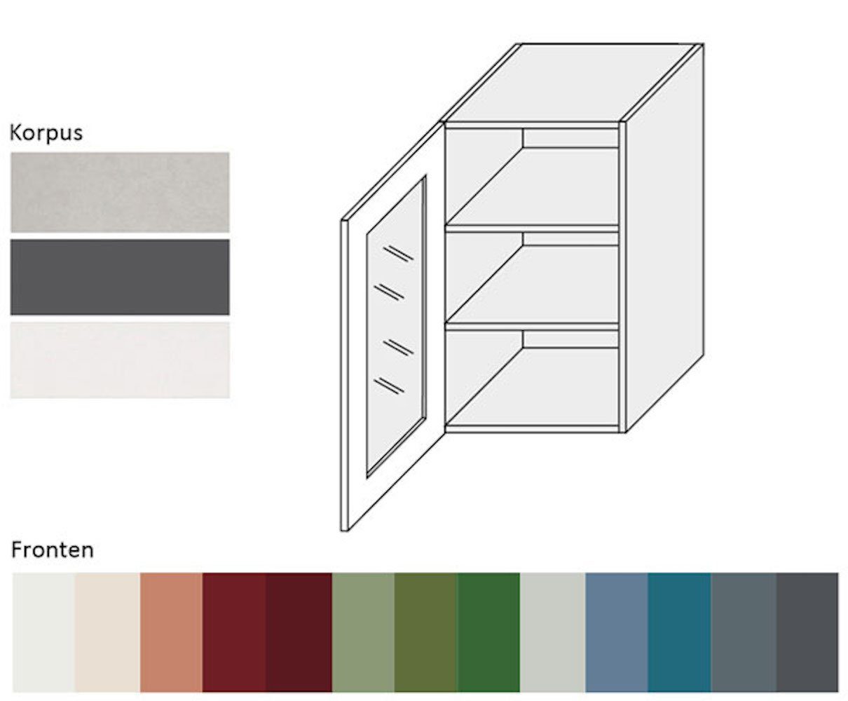 1-türig wählbar 45cm Florence RAL taubenblau Glashängeschrank Ausführung Korpusfarbe grifflos und 5014 Front-, Feldmann-Wohnen Hochglanz (Florence)