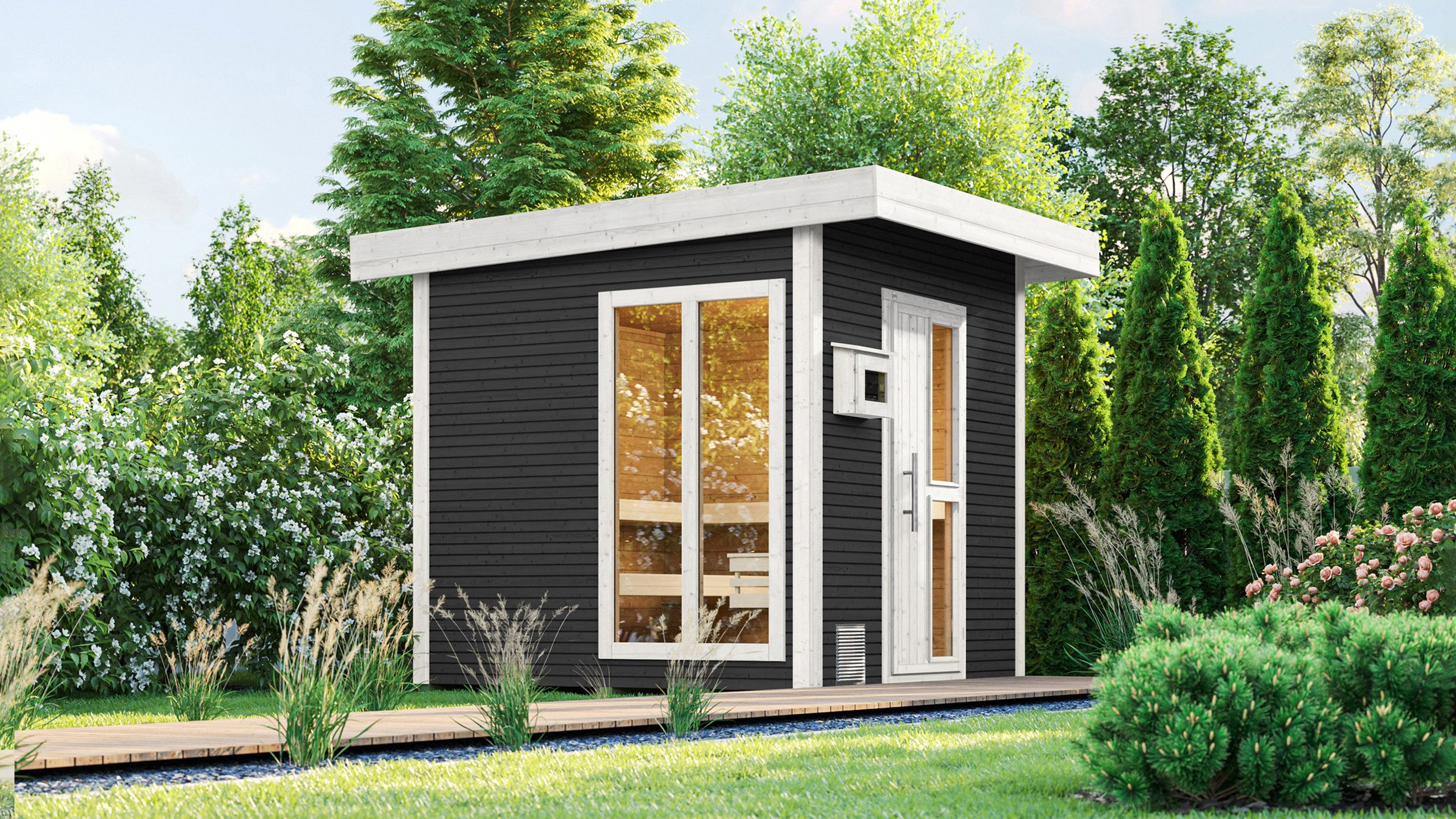 weka Saunahaus Design-Saunahaus KUOPIO 2, BxTxH: 263 x 303 x 253 cm, 45 mm, Blockbohlen im wekaLine-Profil, bodentiefes Fensterelement