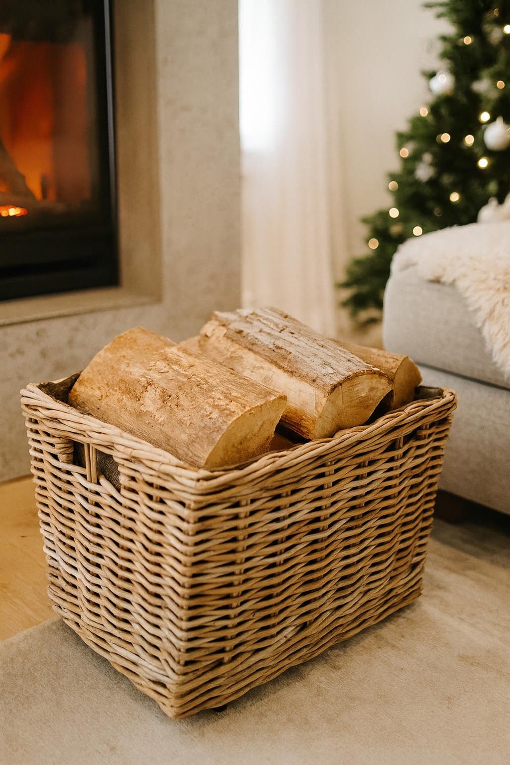 Kobolo Kaminholzkorb Holzkorb aus Rattan mit Jute und stabilen Rollen