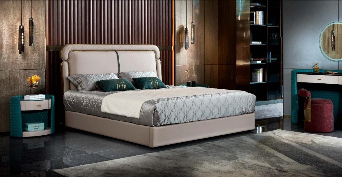 JVmoebel Schlafzimmer-Set Schlafgarnitur aus Holz mit Hocker und Nachttisch in Weiß, Made in Europa