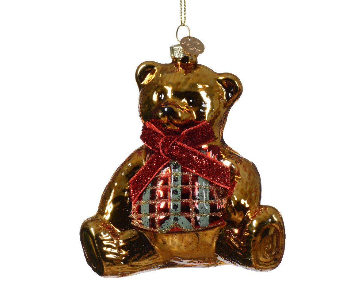 Christbaumschmuck season Bär Gold Glas / Decoris Schleife - mit Christbaumschmuck, decorations Rot 10cm Teddy