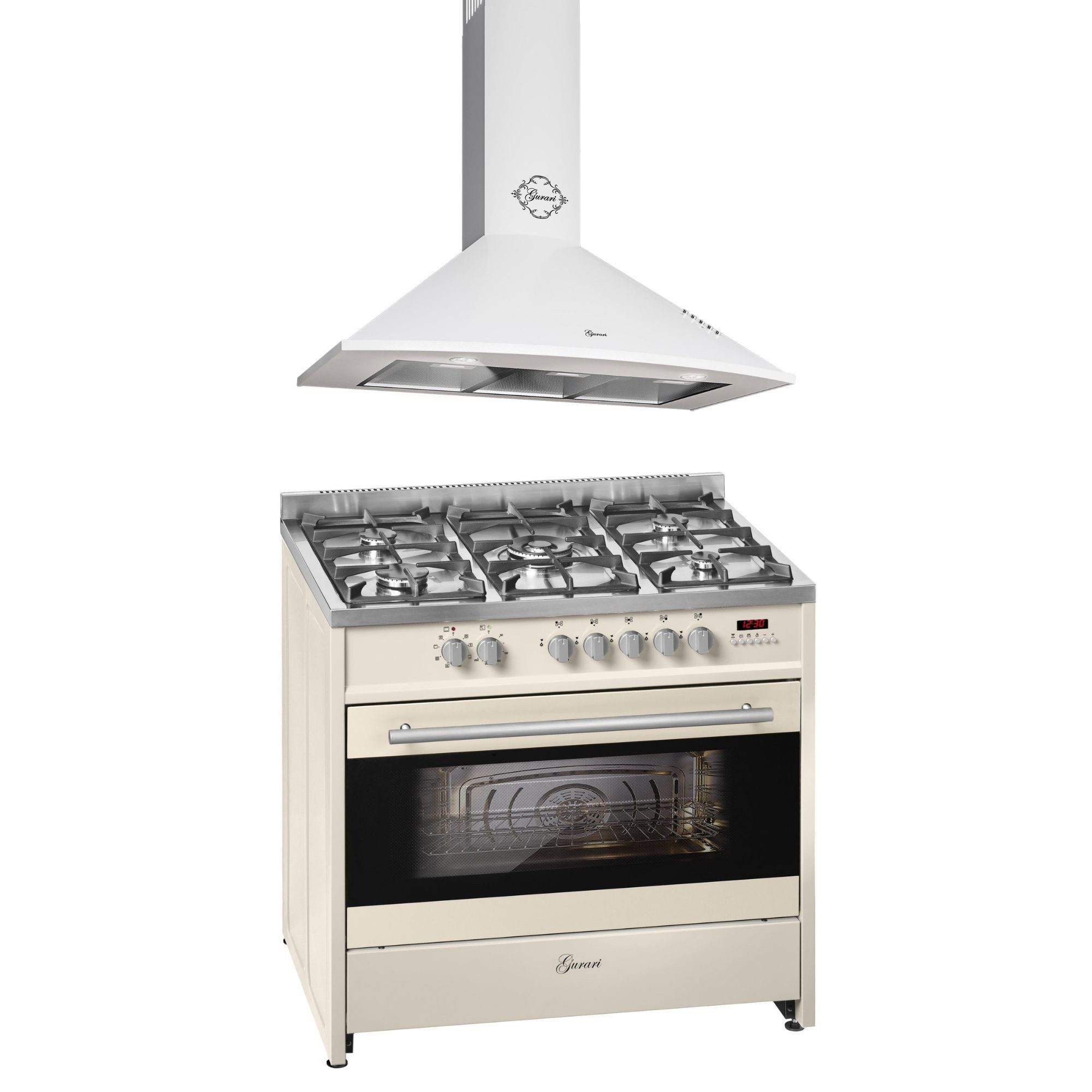 GURARI Gas-Standherd Gas Elektro Standherd 90 cm 121 L Erdgas Fl.Gas 4 Kw WOK mit Dunstabzugshaube 90 cm, Weiß, Saugstark 1000m³/h GCH E 911 Cr +GCH 046 WH 9, mit 1-fach-Teleskopauszug, Gas Elektro Standherd 90 cm 121 L+Dunstabzugshaube 90 cm