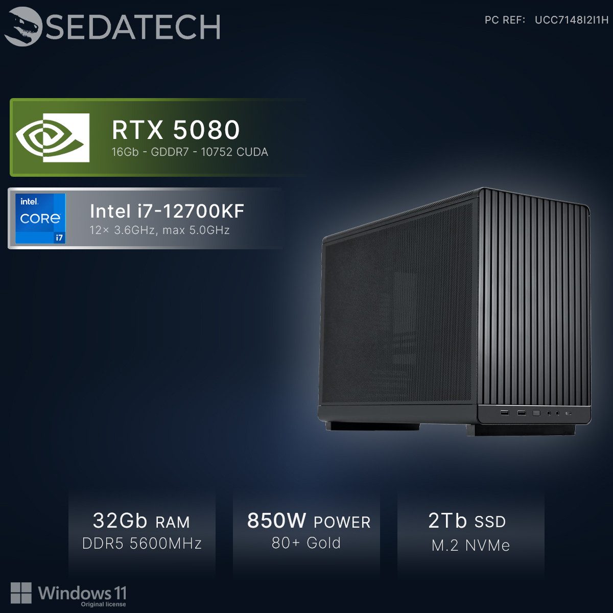 Sedatech UCC7148I2I1HF - Workstation Mini-PC (Intel Core i7 12700KF 12x 3.6GHz (max 5.0GHz), Geforce RTX5080 16GB, 32 GB RAM, 2000 GB SSD, Wlan 6E)