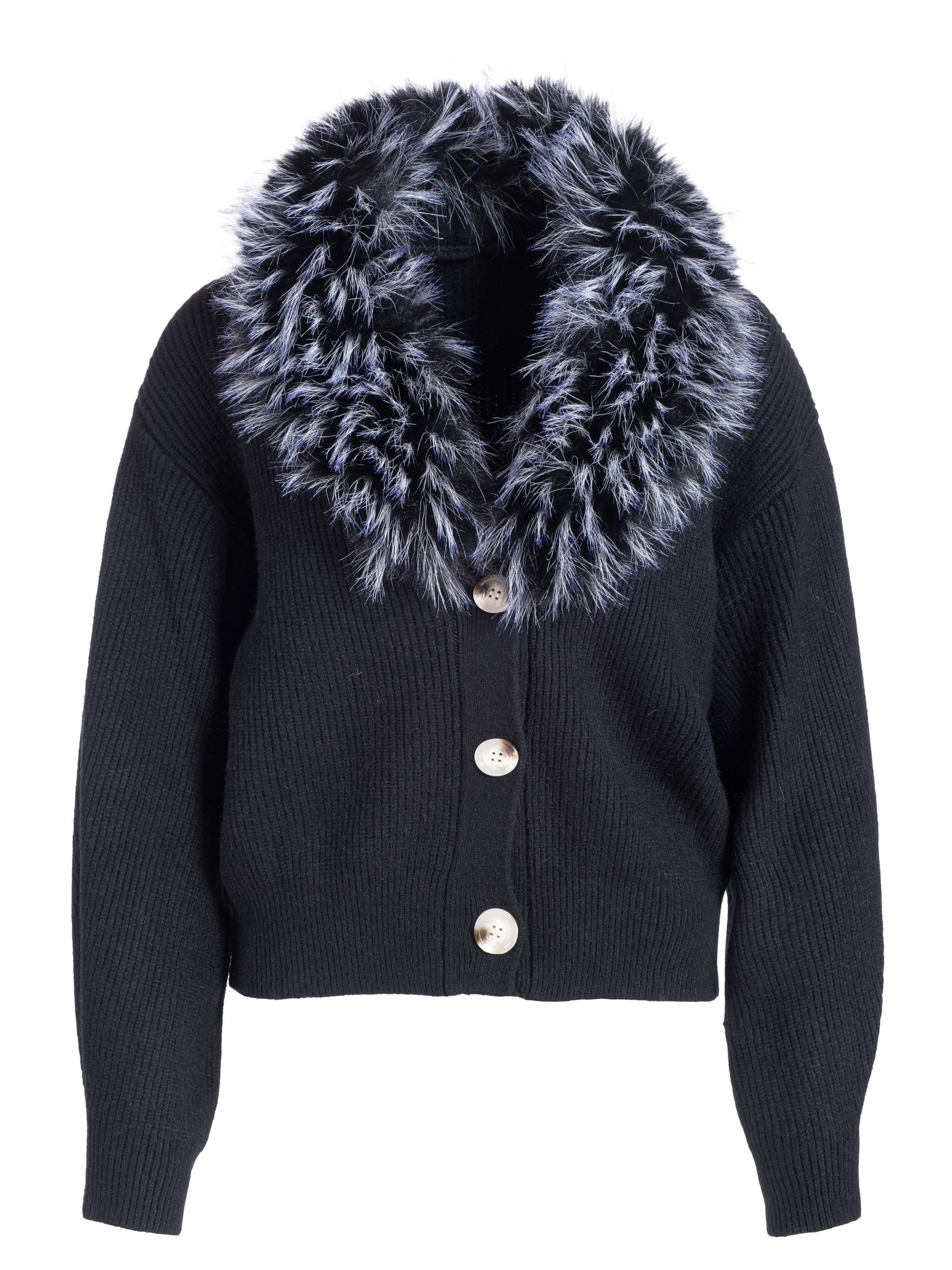 PEKIVESSA Cardigan Kurze Rippstrickjacke mit Webpelzkragen Kunstfellkragen ist abnehmbar