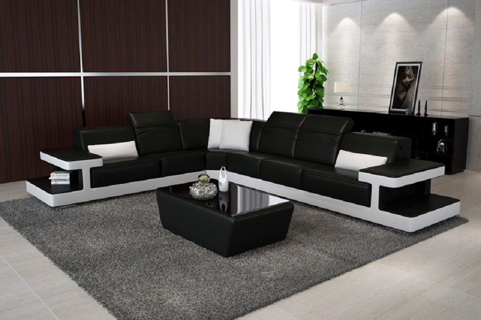 JVmoebel Ecksofa, Ledersofa L-Form Couch Wohnlandschaft Ecksofa Design Modern Sofa Schwarz/Weiß