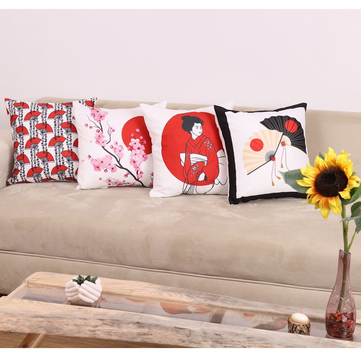 Ekershop Kissenhüllen Dekorative 4er Set JAPAN Fächer Dekokissen Kissenbezug Hülle Kissen, (4 Stück)