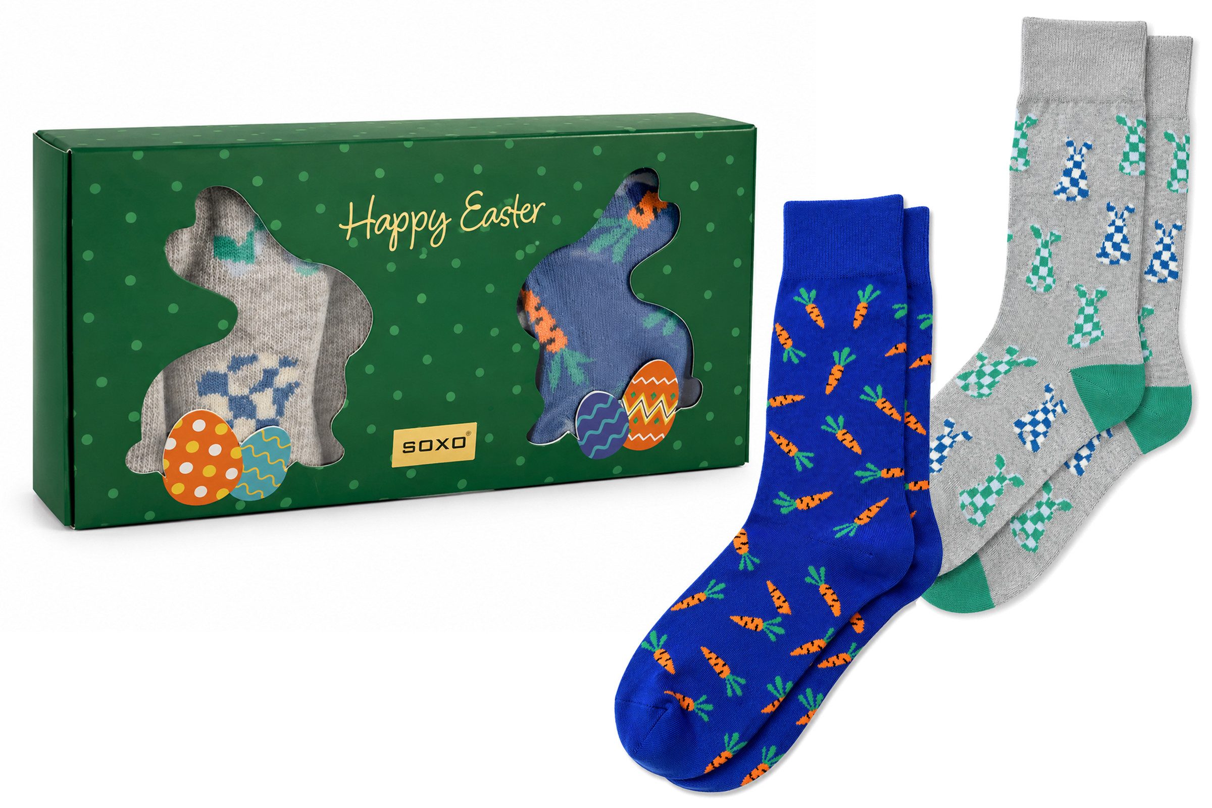 Soxo Freizeitsocken SOXO Socken Ostern Geschenkbox Happy Easter 2 Paar Grün 41-46 (Set, 2-Paar, Geschenkbox mit 2 Paar) 2 Paar I Geschenkbox I verspielte Designs