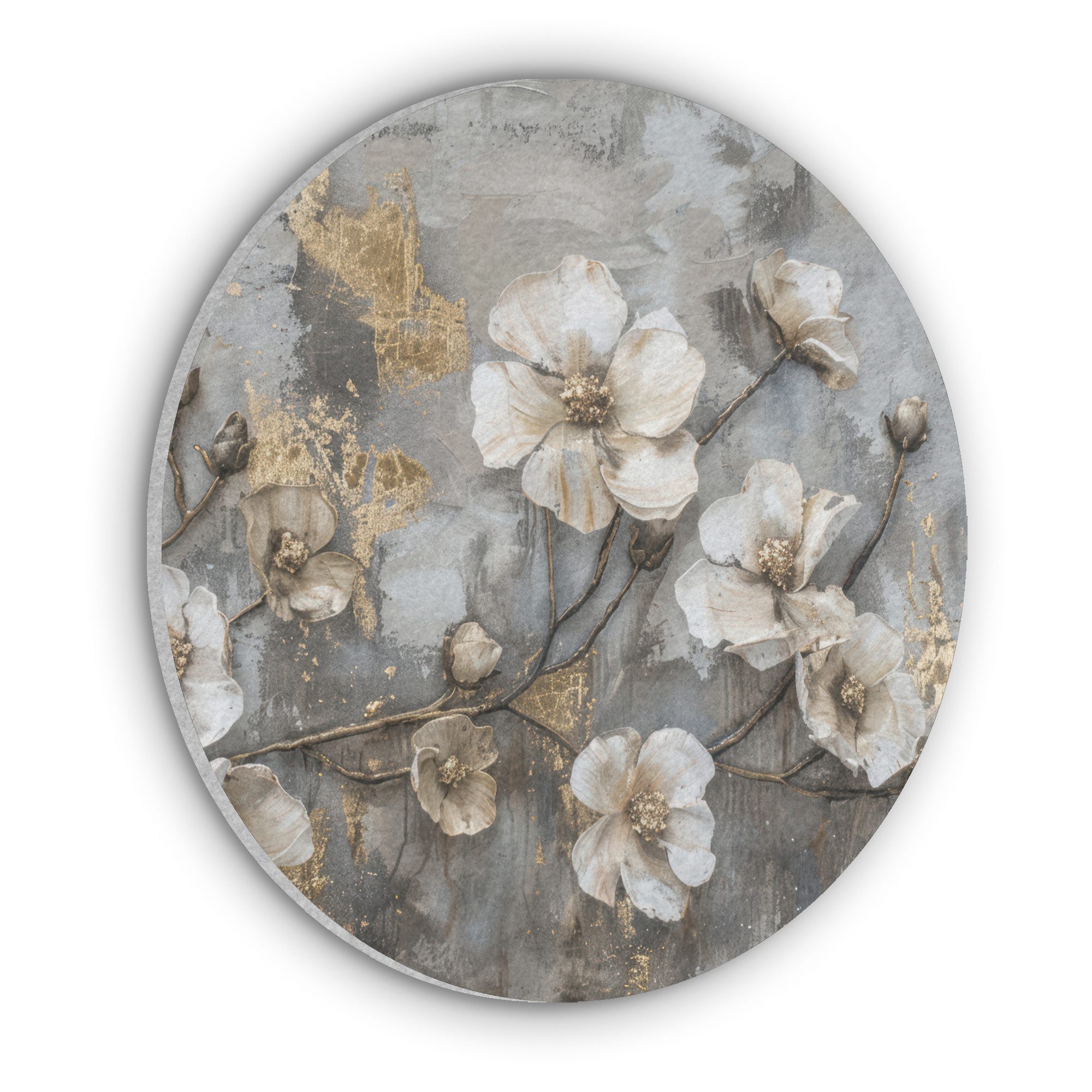 MuchoWow Gemälde Blumen - Weiß - Grau - Gold - Luxus, Fotodruck (1 St), Akustikpaneele rund, Schalldämmung, Akustikbilder 30x30 cm
