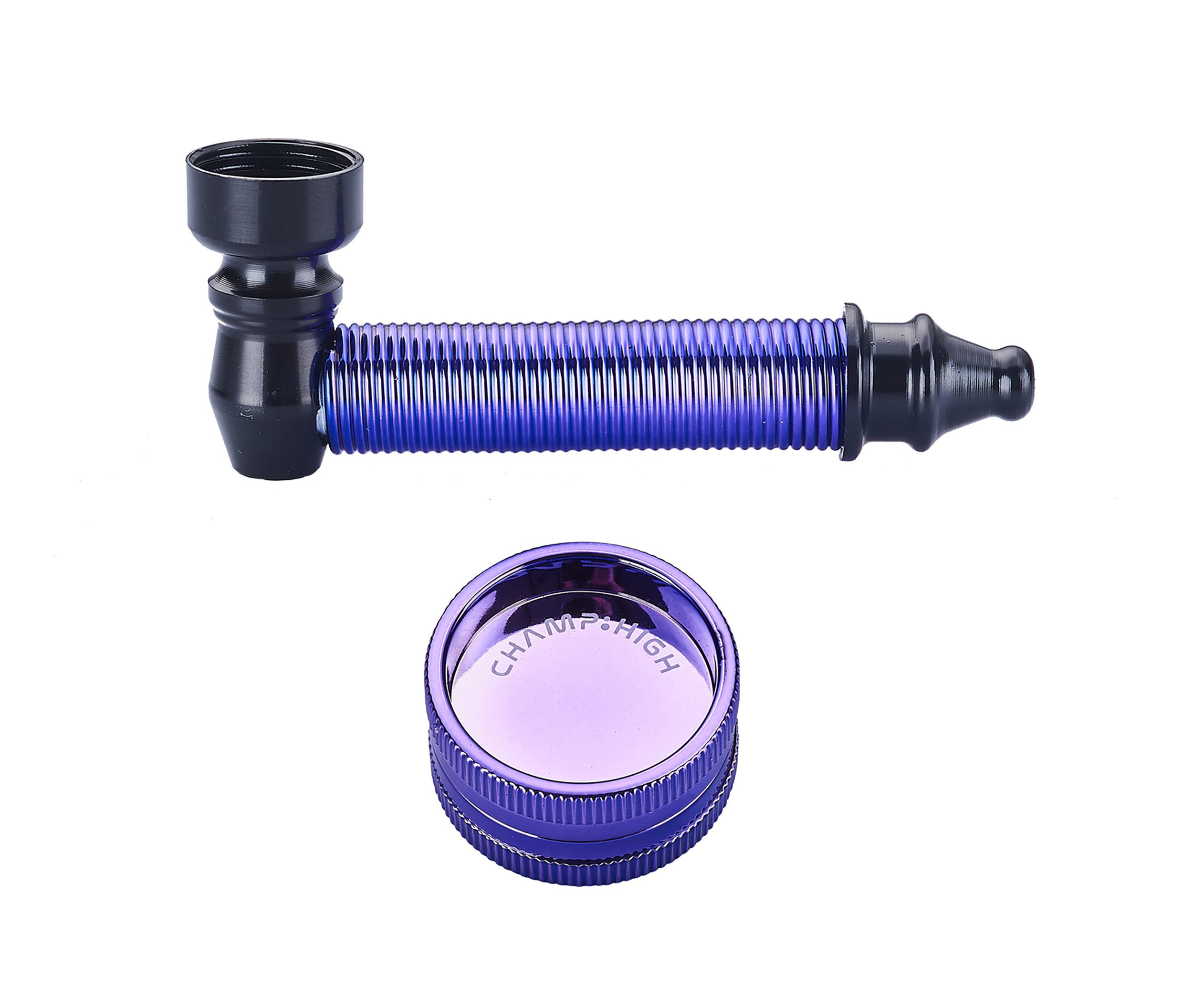 CHAMP Handpfeife TABAKPFEIFE + GRINDER Tabak Glaspfeife Pfeife Mühle Crusher 85 (Lila), Kräutermühle Gewürzmühle Pipe