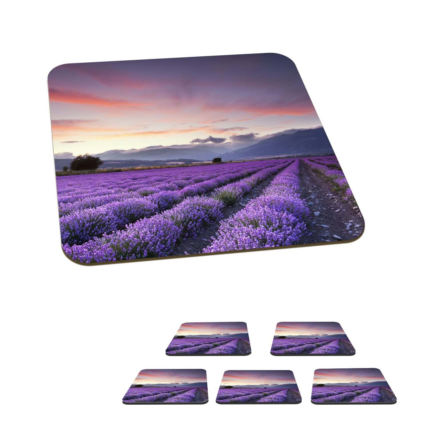 MuchoWow Glasuntersetzer Sonnenuntergang über Lavendel, Zubehör für Gläser, 6-tlg., Glasuntersetzer, Tischuntersetzer, Korkuntersetzer, Untersetzer, Tasse