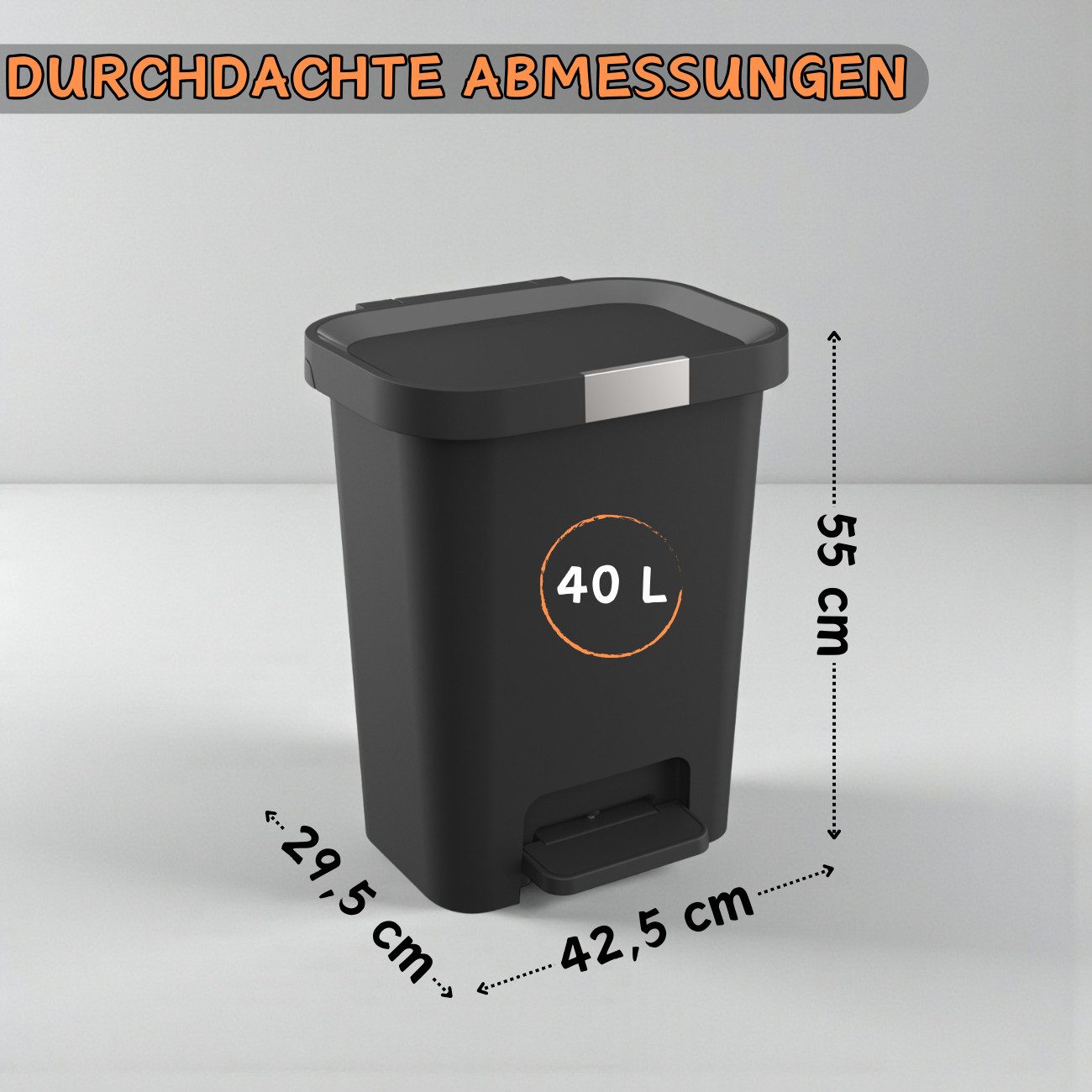 Engelland Mülleimer Abfalleimer mit Deckel und Pedal, 40 L, Treteimer, Soft-Close, verschließbarer Deckel, rutschfeste Füße