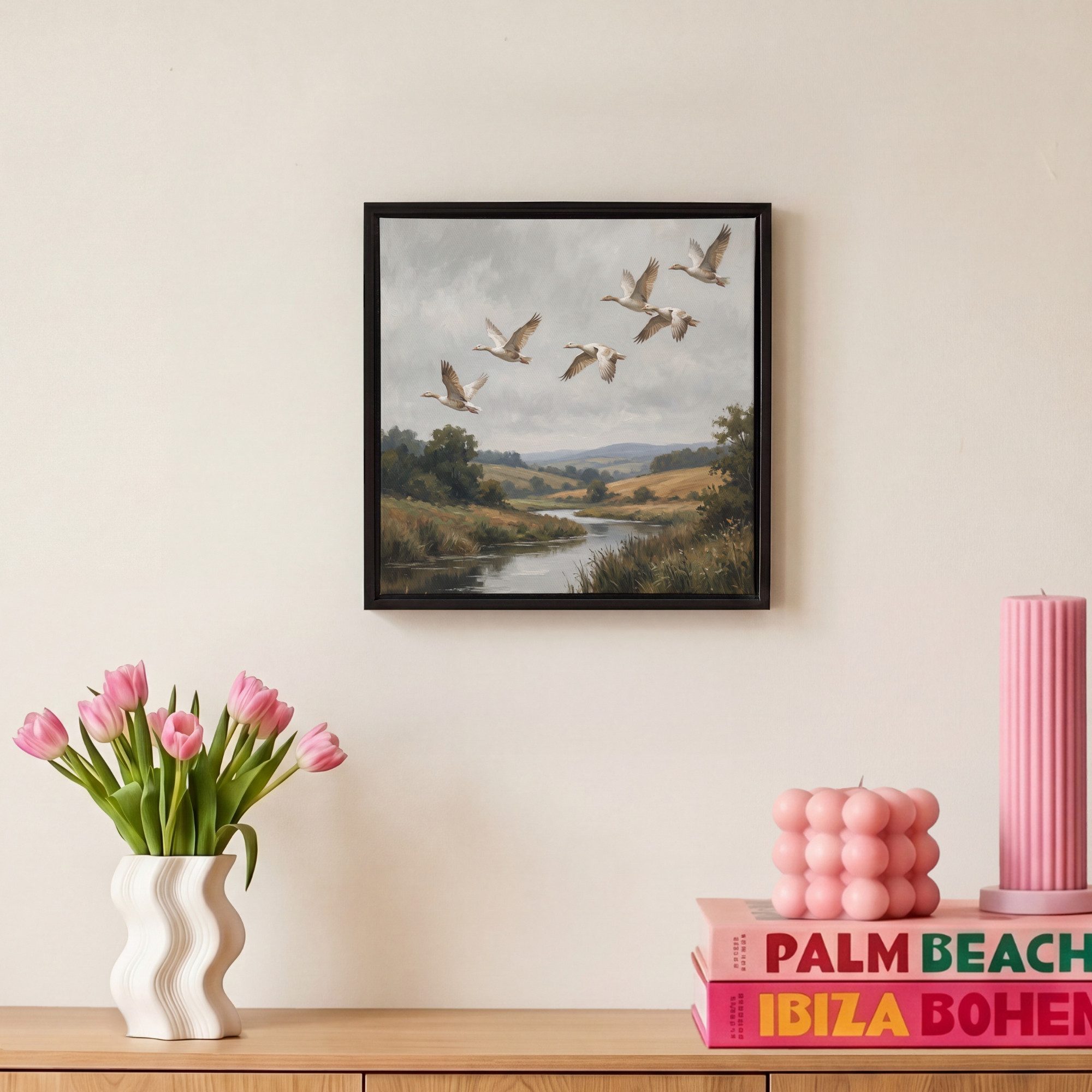 OneMillionCanvasses® Leinwandbild mit Rahmen - Enten - Fluss - Landschaft - Flug - Nostalgisch, Fotodruck (1 St), Leinwand Bilder Klein, Wand Dekoration Aesthet – Bild 4 von 5
