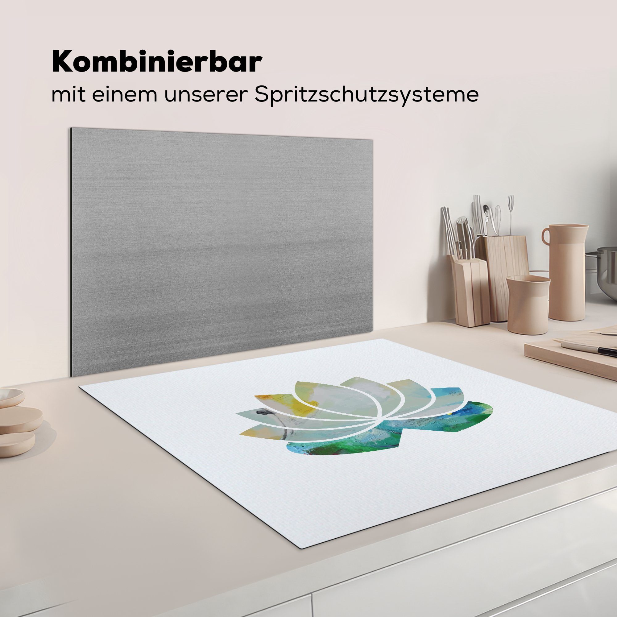 Acrylfarbe, Arbeitsplatte MuchoWow Vinyl, Lotusblume einer 78x78 küche für Illustration mit (1 cm, tlg), Herdblende-/Abdeckplatte Ceranfeldabdeckung,