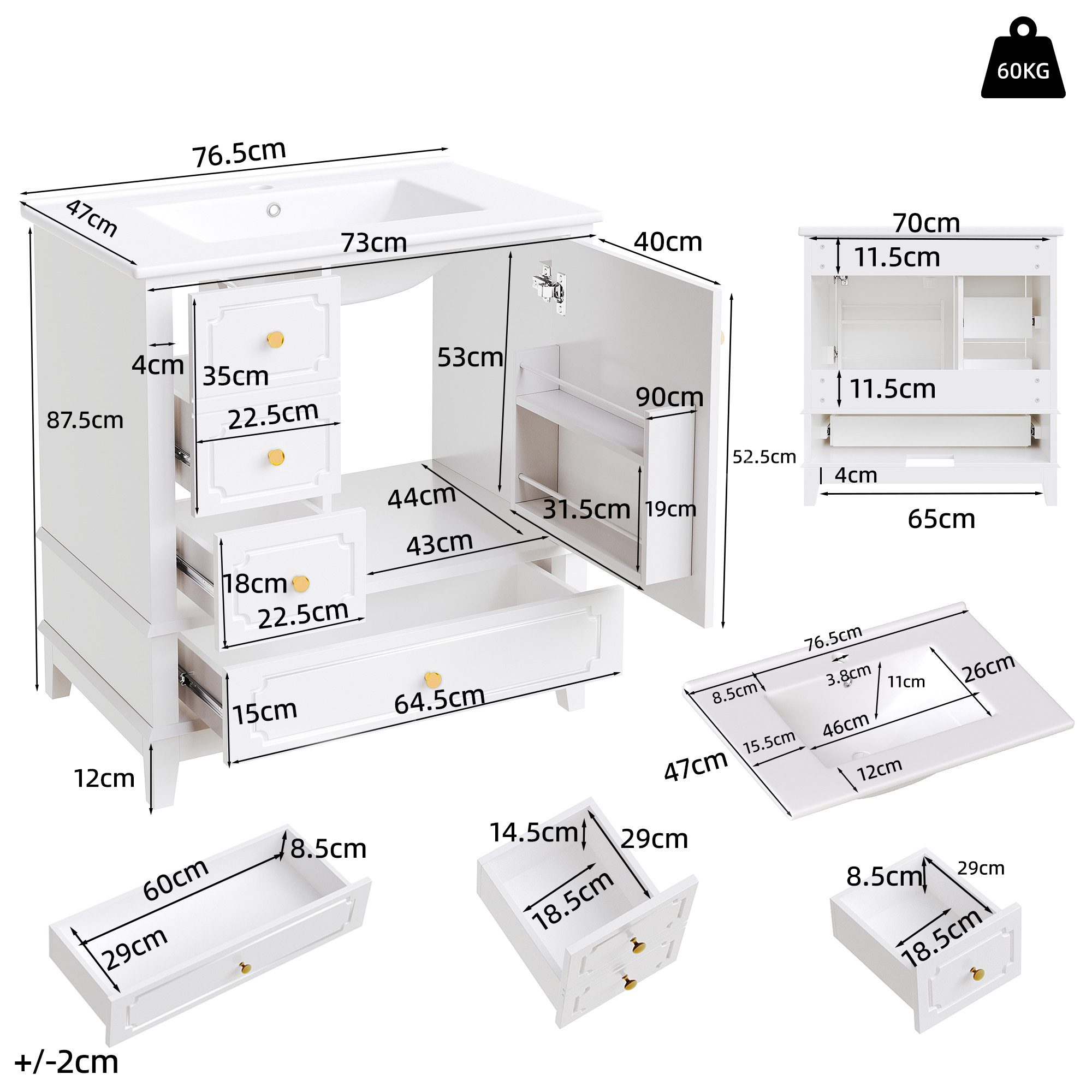 TavilaEcon Waschbeckenschrank Moderner Badschrank mit Waschbecken und Aufbewahrung (1-St) mit Keramik-Waschbecken, weiß – Bild 4 von 5
