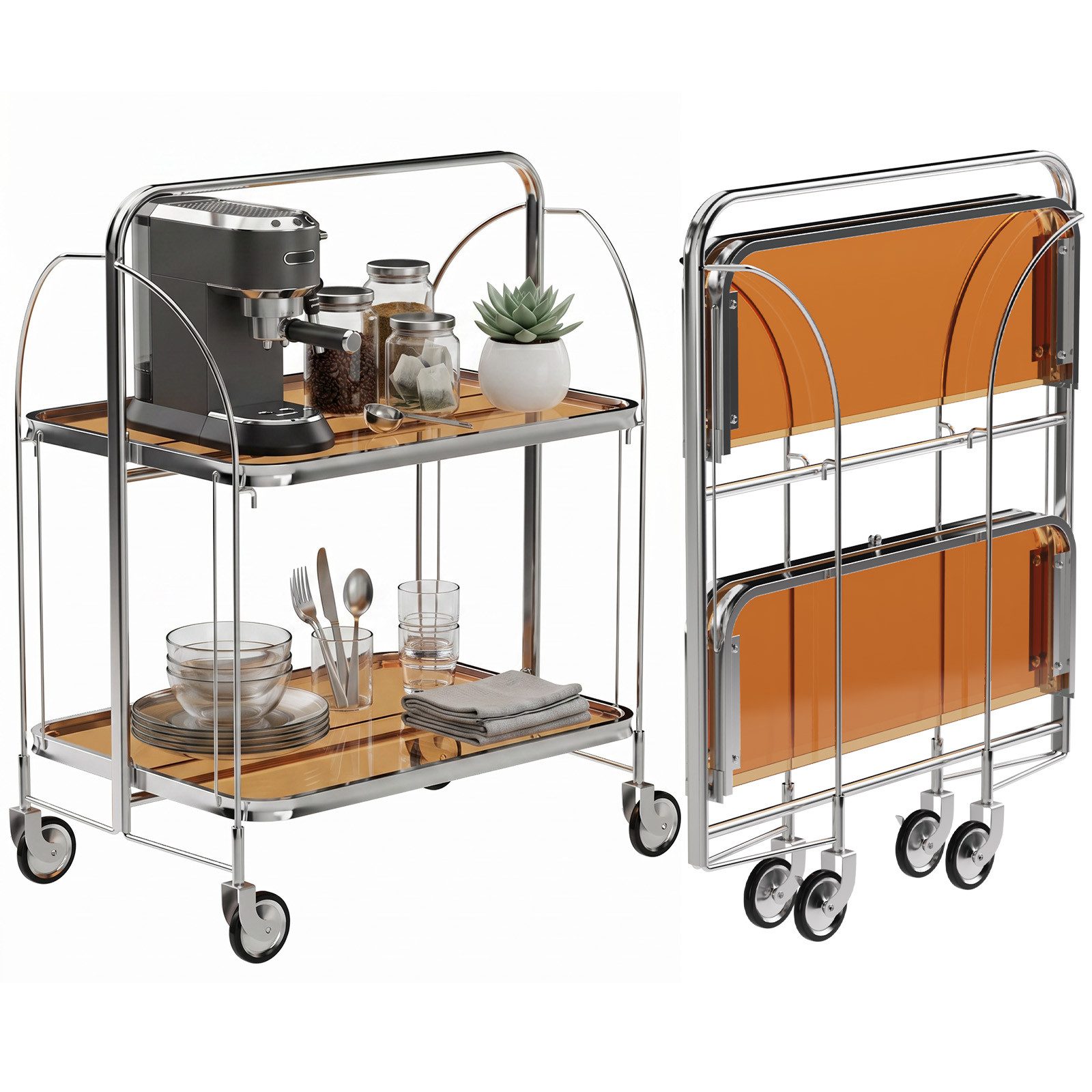 PFCTART Servierwagen Faltbarer Servierwagen mit 2 Glasablagen & Rollen, (Set, 1 St., 68×40×80 cm, Chromgestell für Küche, Bar, Wohnzimmer & Caf), Klappbar, vormontiert, Sicherheitsglas & 2 Rollen mit Bremse