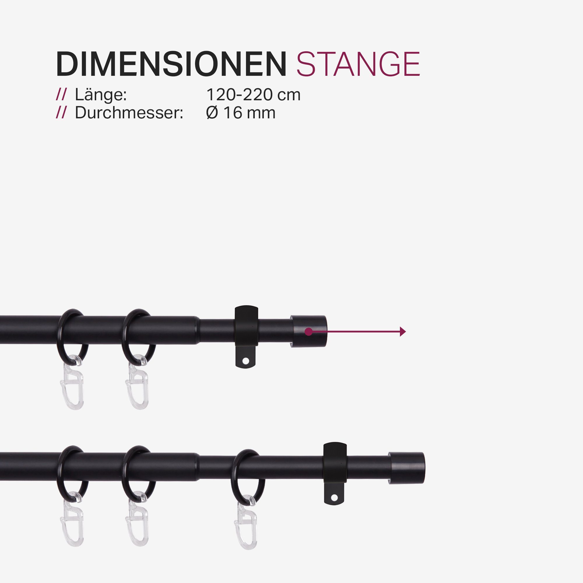 Vorhangstange mit Kunststoff, Gardinenstange Schwarz 120-220cm - Metall, Stilgarnitur inkl. mit 05957, Endstücken mm, Faltlegehaken Wandträger, und Ø Bestlivings, Ringe 16 Endstücken