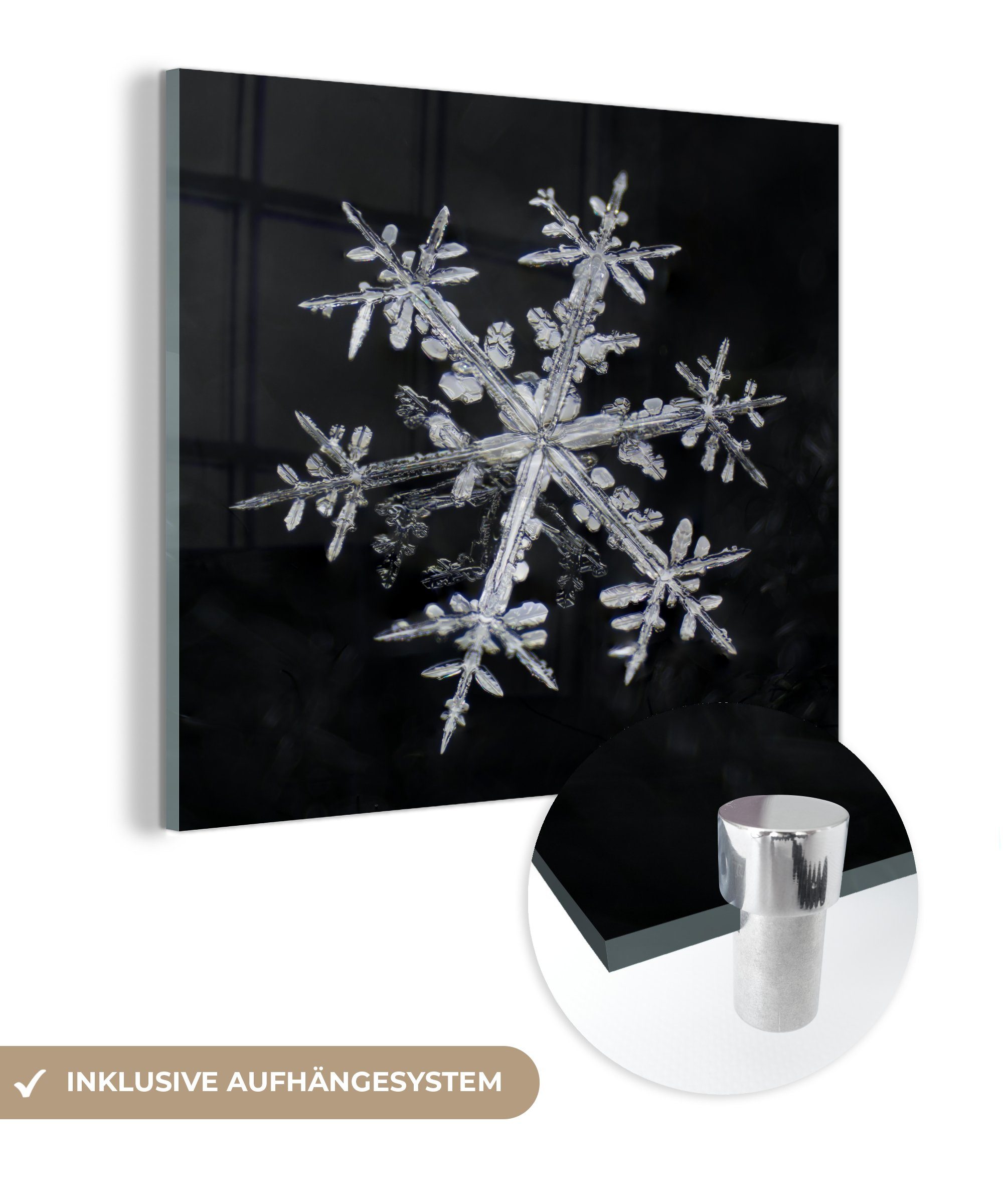 MuchoWow Acrylglasbild Gefrorene Schneeflocke mit Reflexion in Schwarz und Weiß, (1 St), Glasbilder - Bilder auf Glas Wandbild - Foto auf Glas - Wanddekoration