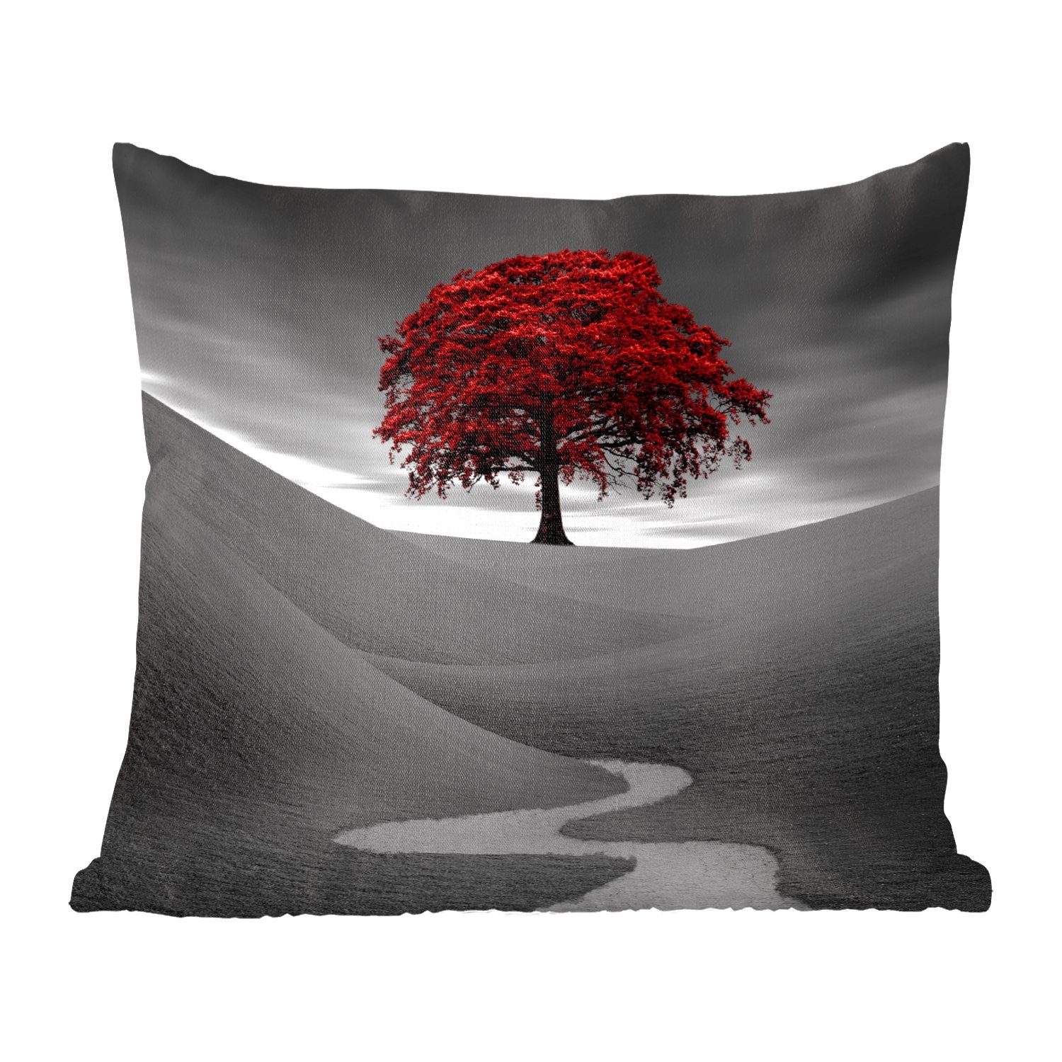 MuchoWow Dekokissen Schwarz-Weiß-Foto mit einem roten Baum, Zierkissen mit Füllung für Wohzimmer, Schlafzimmer, Deko, Sofakissen