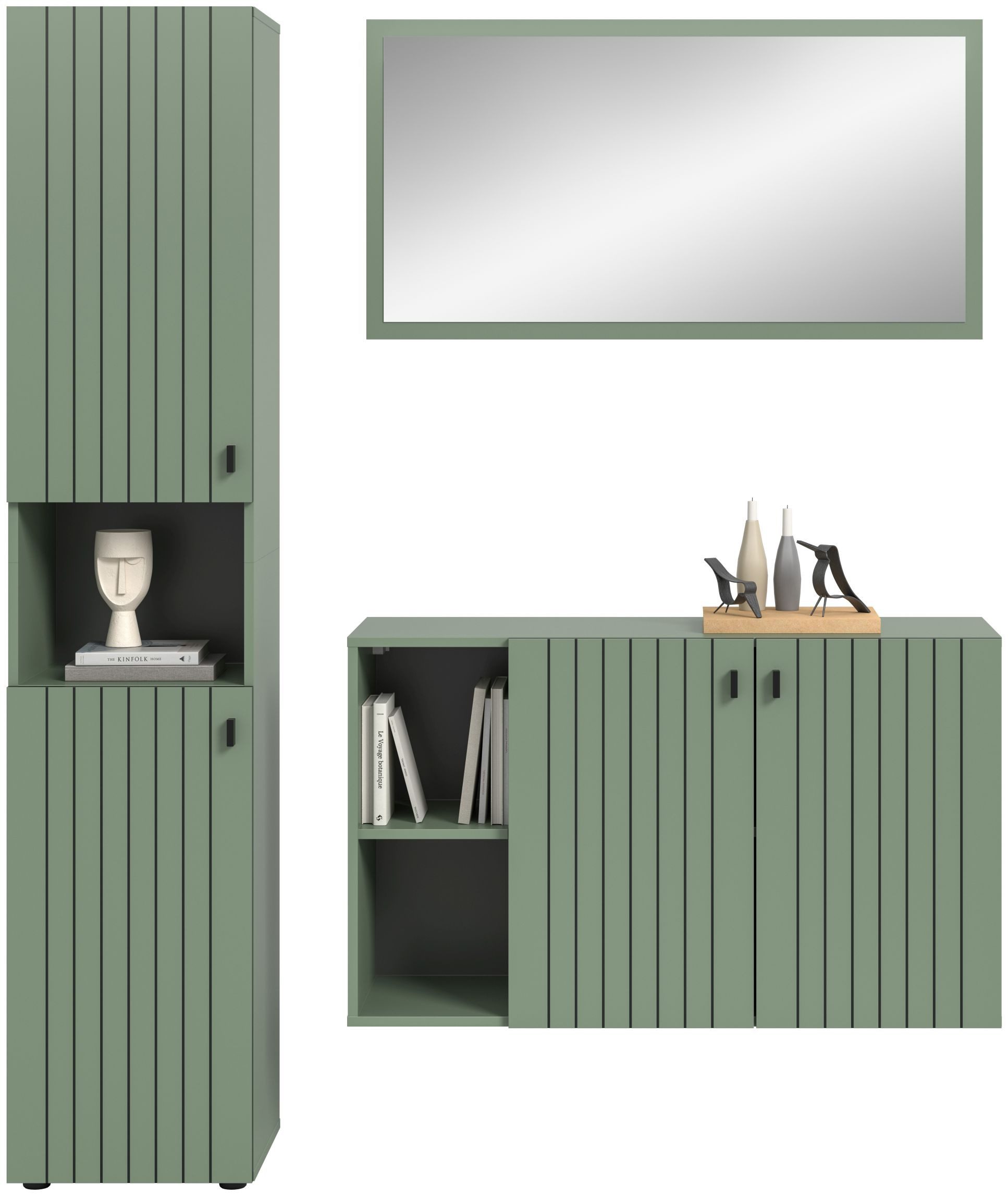xonox.home Garderoben-Set, (3-tlg. Garderobenschrank, Schuhkommode & Garderobenspiegel), in Smoke Green Nachbildung B/H/T ca.: 161/192/37 cm