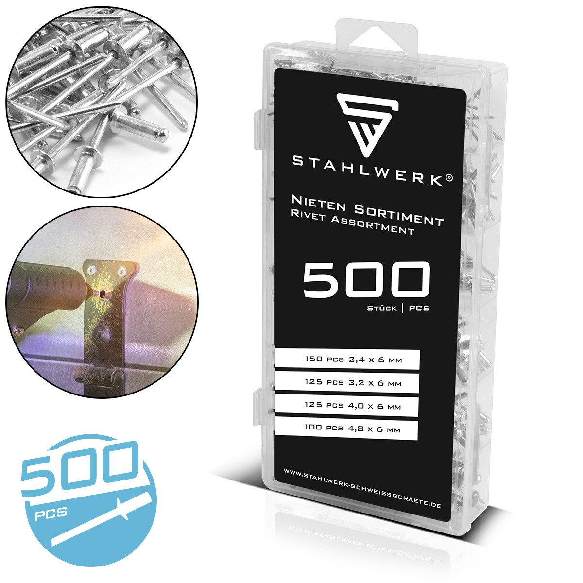 STAHLWERK Blindniete Nieten Sortiment 500-teilig Blindnieten Set, (Set, 1 St), in 4 verschiedenen Größen