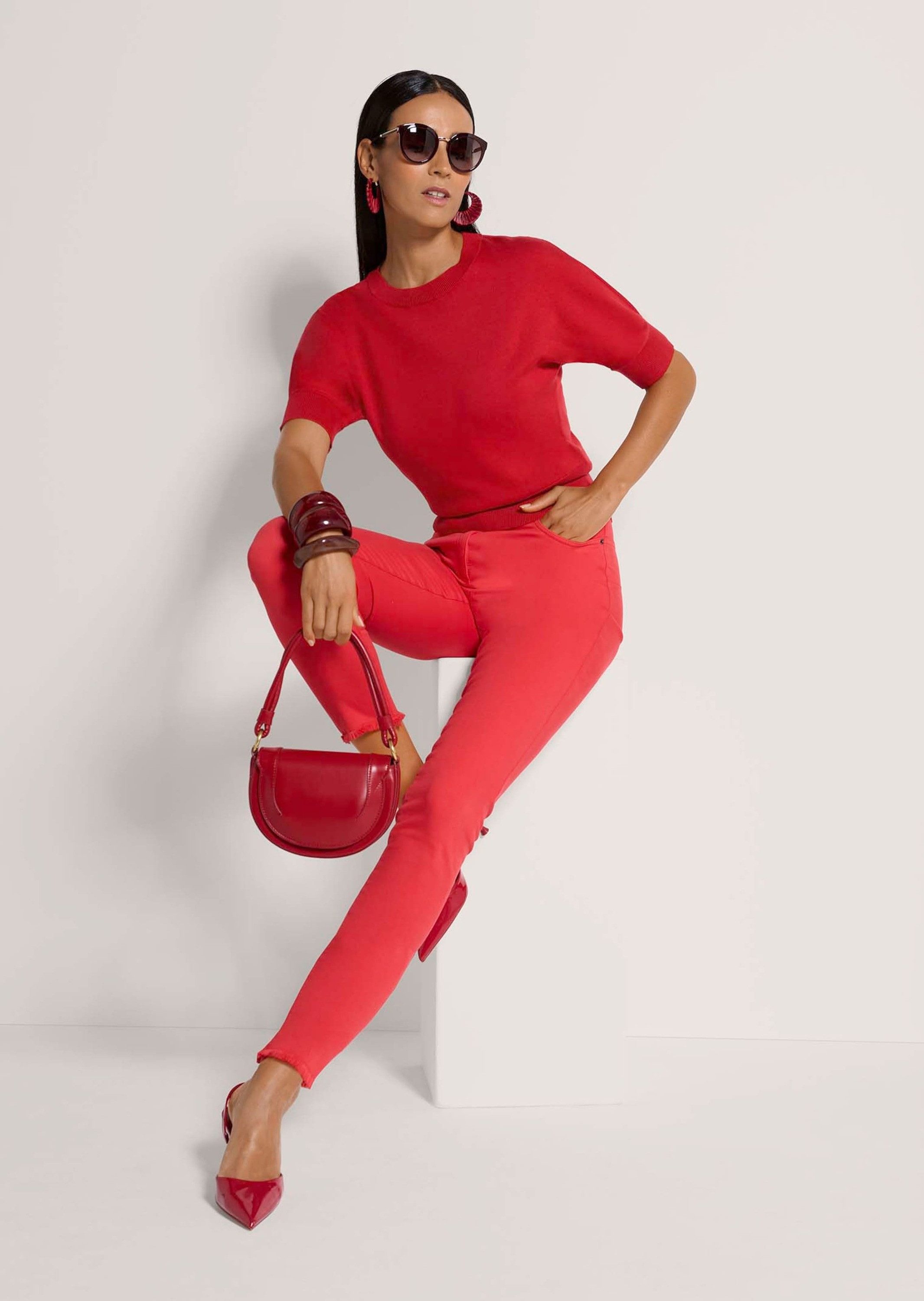 MADELEINE Strickpullover Sommerlicher Baumwollpullover mit breitem Bund Strickpullover mit Rundhalsausschnitt und halblangen Ärmeln