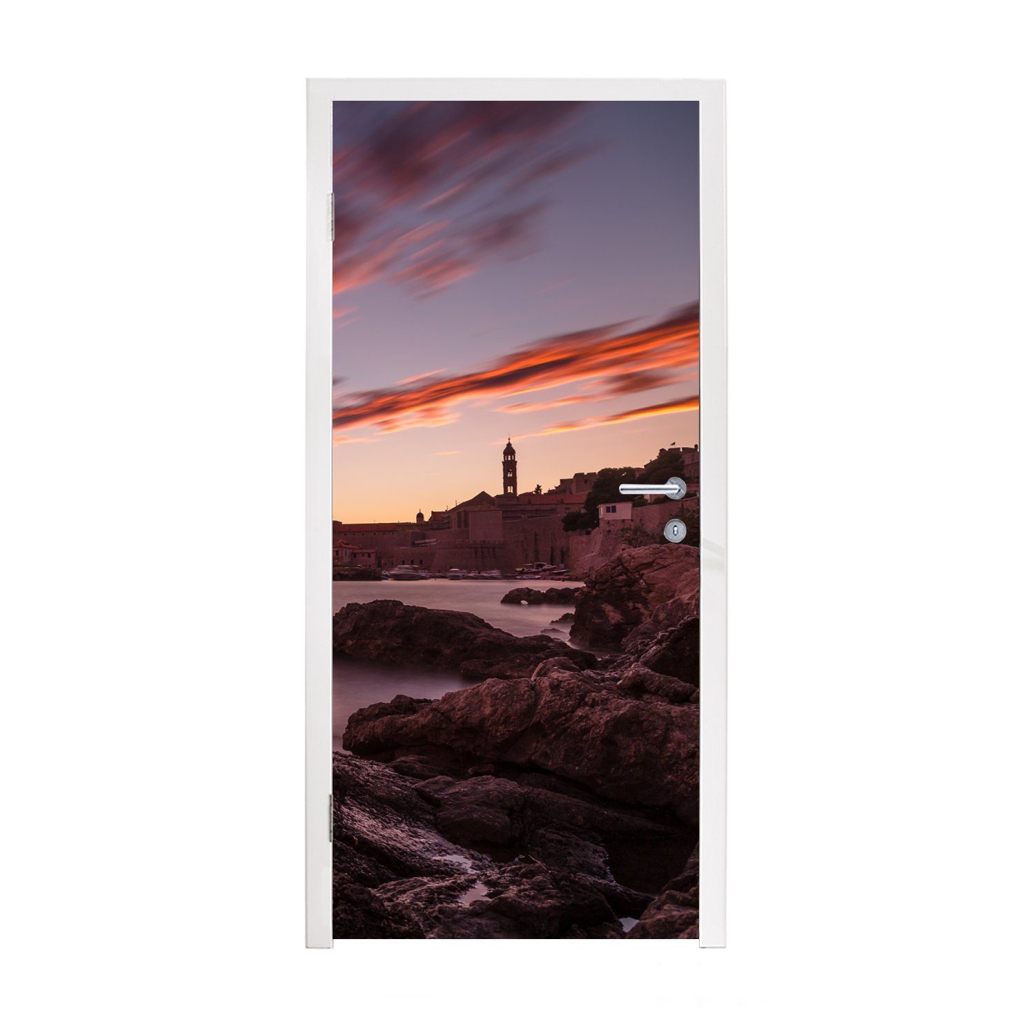 MuchoWow Türtapete Sonnenuntergang über dem Hafen innerhalb der Stadtmauern von Dubrovnik, Matt, bedruckt, (1 St), Fototapete für Tür, Türaufkleber, 75x205 cm