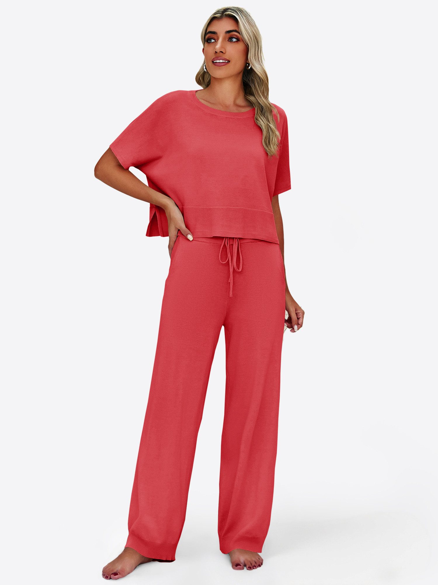 Imily Bela Hausanzug Damen 2-teilige Pullover-Sets (Set, 2 tlg., Strick-Crop-Tops mit Schlitz + High-Waist-Hosen) Volltonfarbe