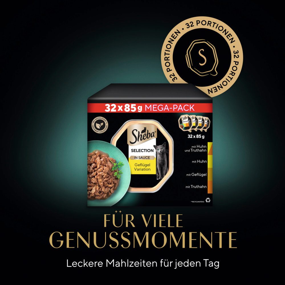 Sheba SHEBA® Schale Multipack Selection in Sauce Geflügel Variation 32 x 85g, Nassfutter für: Katze