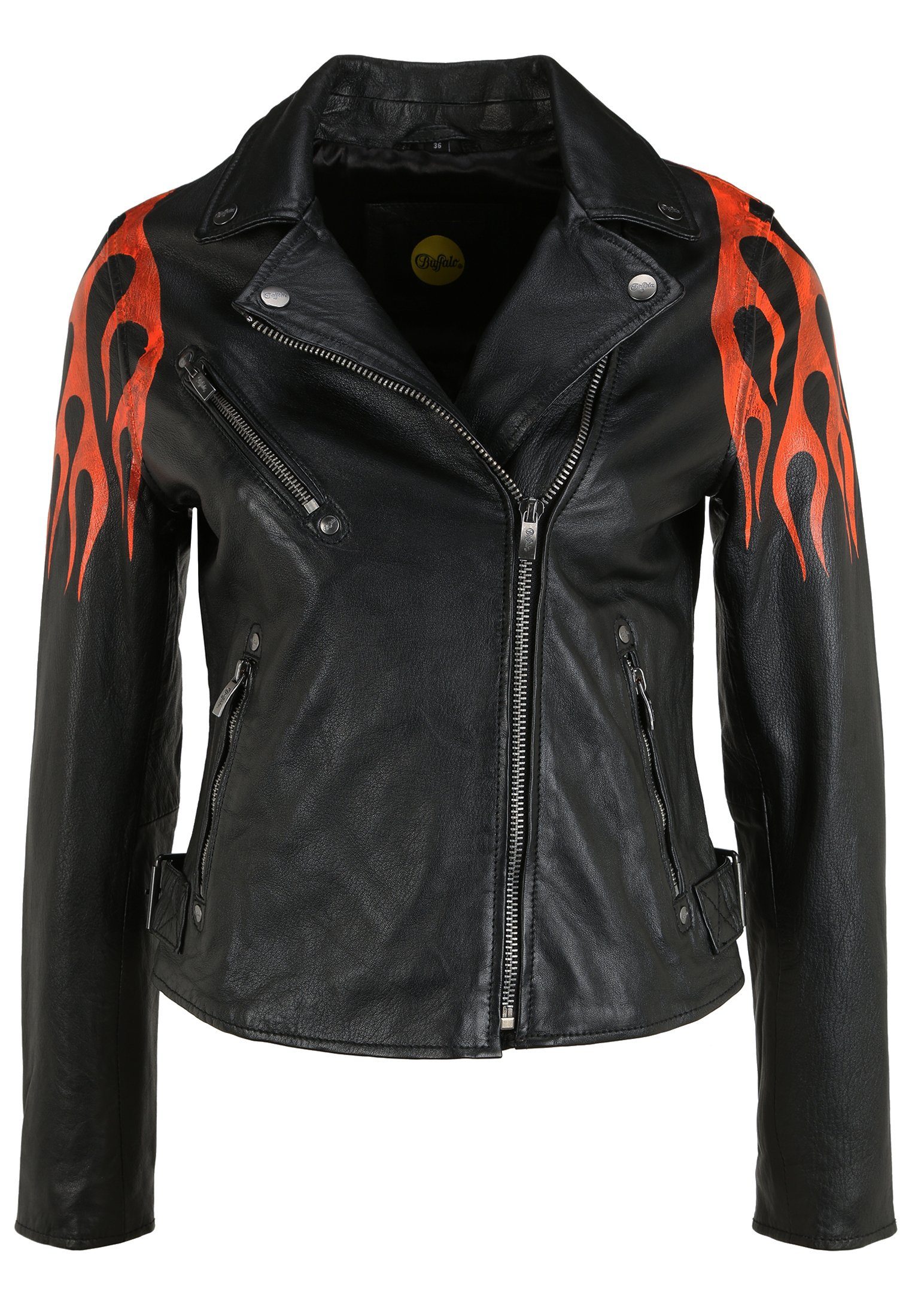 Buffalo Hot BE mit BLACK-ORANGE Lederjacke Flammenprint