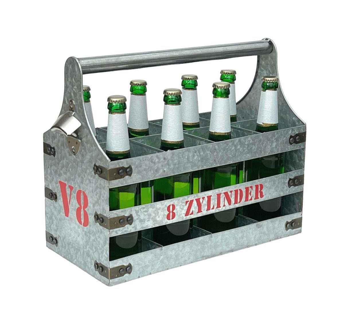 DanDiBo Flaschenträger Bierträger Metall mit Öffner 8 Zylinder V8