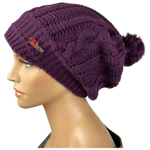 Taschen4life Beanie Damen Mütze mit Bommel TA1152 gestrickt im Zopfmuster-Mix, Longbeanie, gefüttert