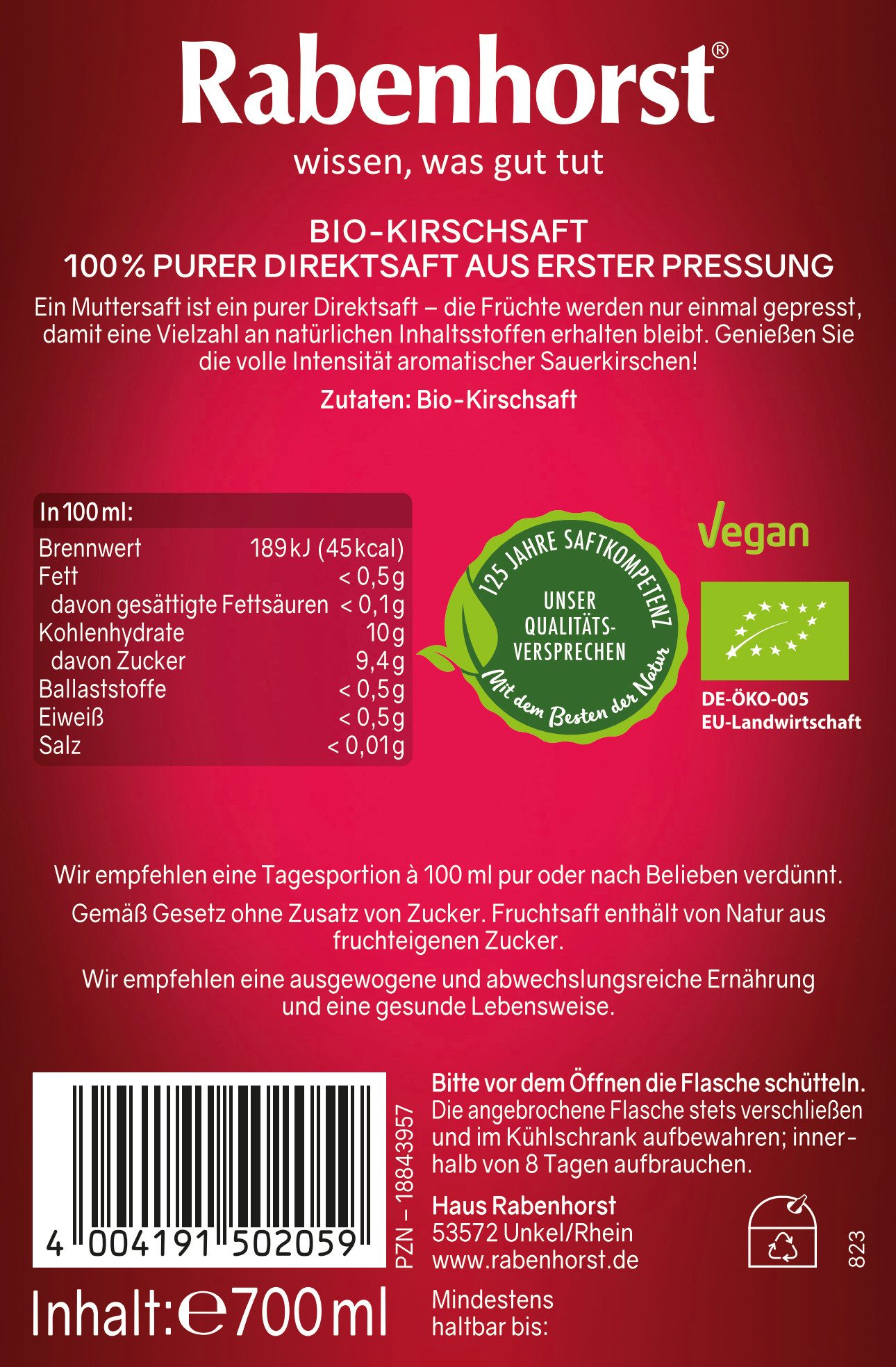 Haus Rabenhorst Saft RABENHORST Sauerkirsche MUTTERSAFT BIO 6er Pack (6 x 700 ml), 0,7 l, 700 ml, 6 St.