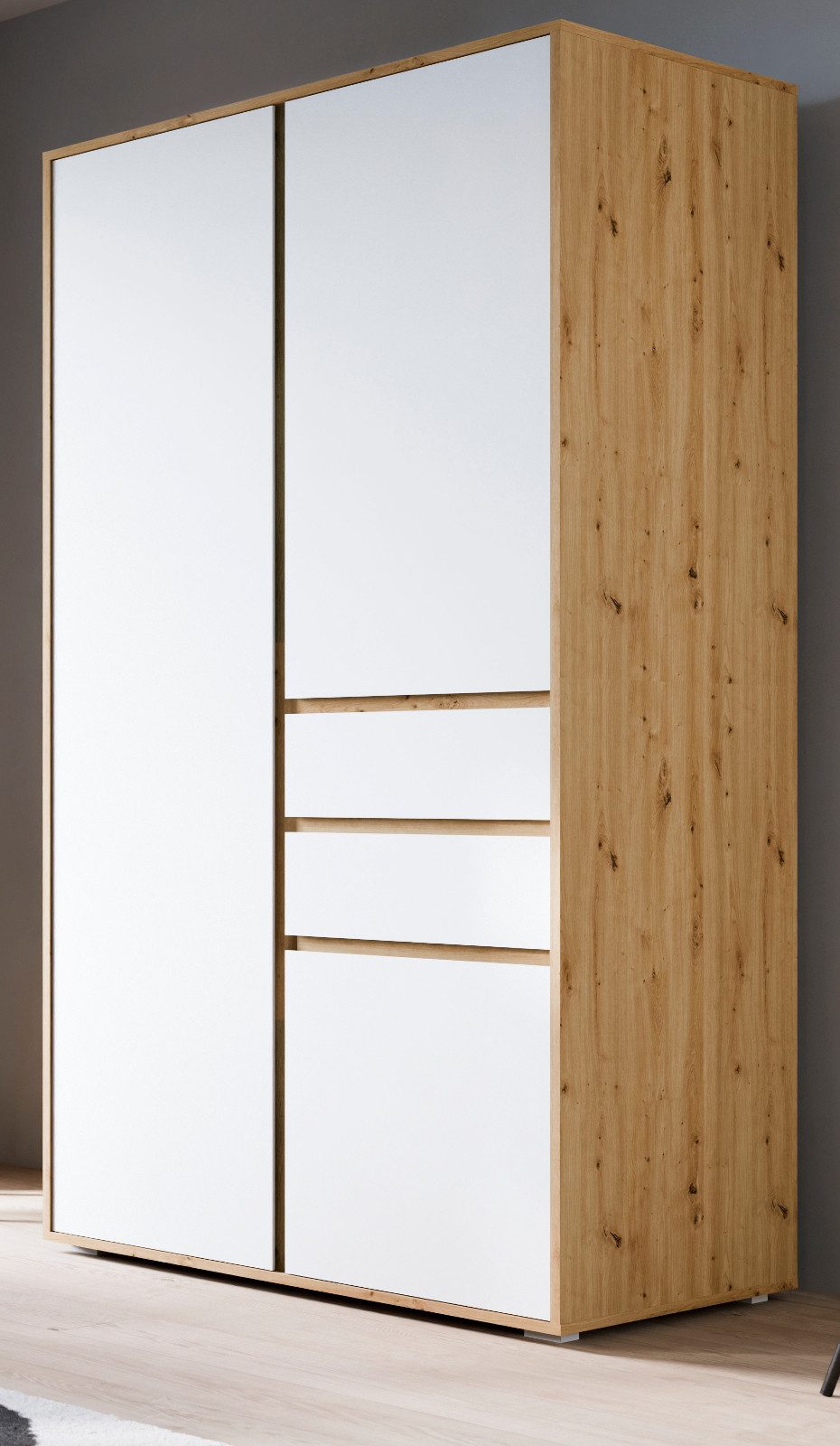 Inn.Furn Kleiderschrank Forssa (Drehtürenschrank in Weiß und Eiche Artisan, 3-türig, 100 x 194 cm) mit 5 Wäschefächern und Vollauszug-Schubladen