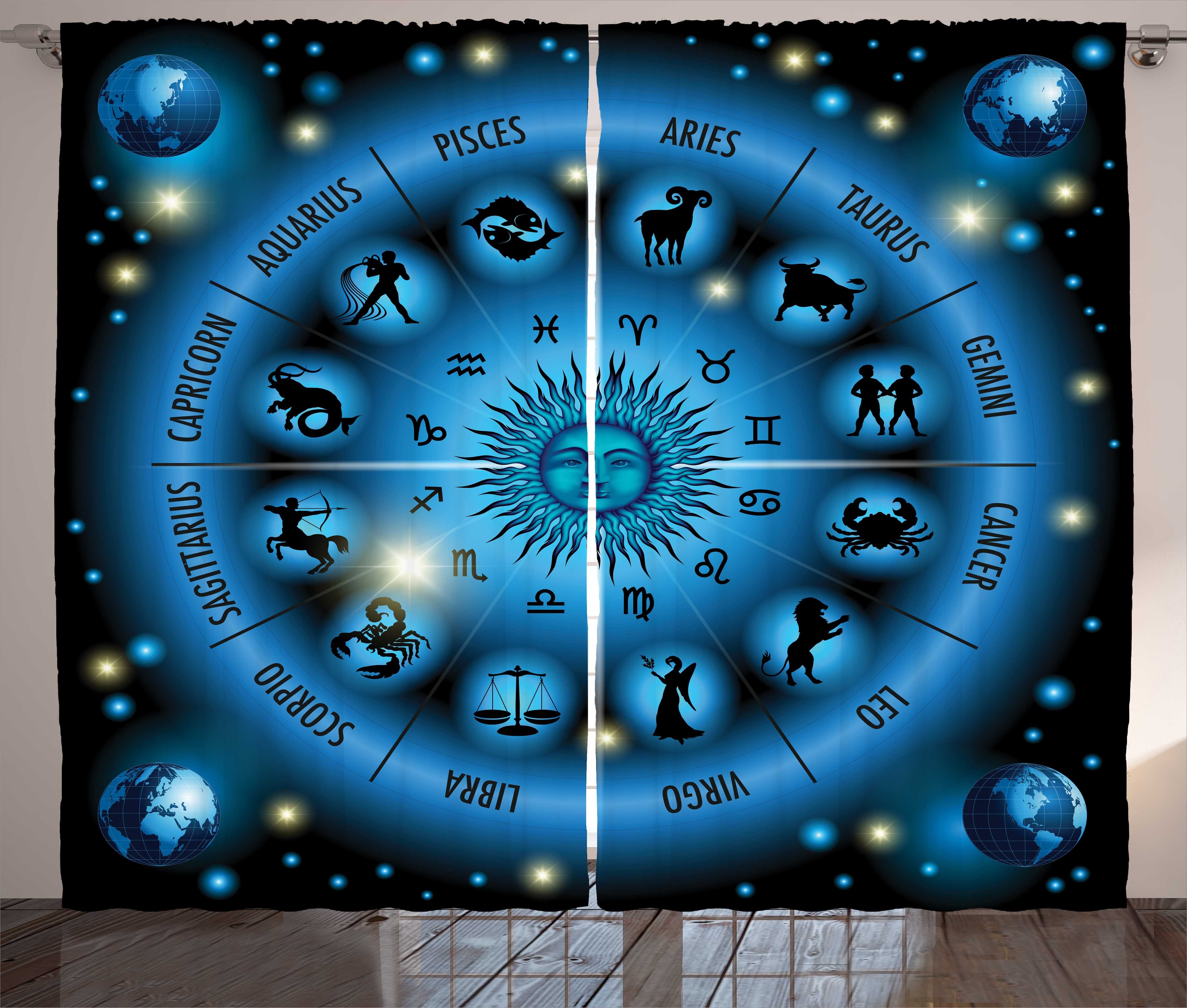 Gardine Schlafzimmer Kräuselband Vorhang mit Schlaufen und Haken, Abakuhaus, Tierkreis Circle of Horoscope Signs