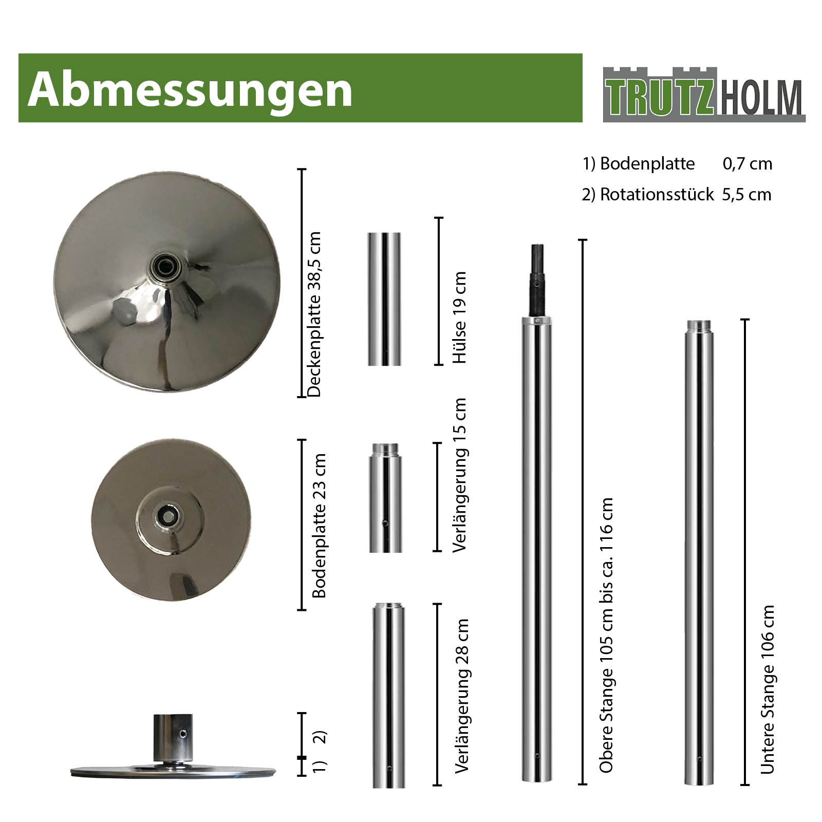 TRUTZHOLM Pole Dance Stange Tanzstange 223-274 cm Ø 45 mm Tabledance Static & Spinning ohne Bohren, Höhenverstellbar, für Zuhause, Party, Club