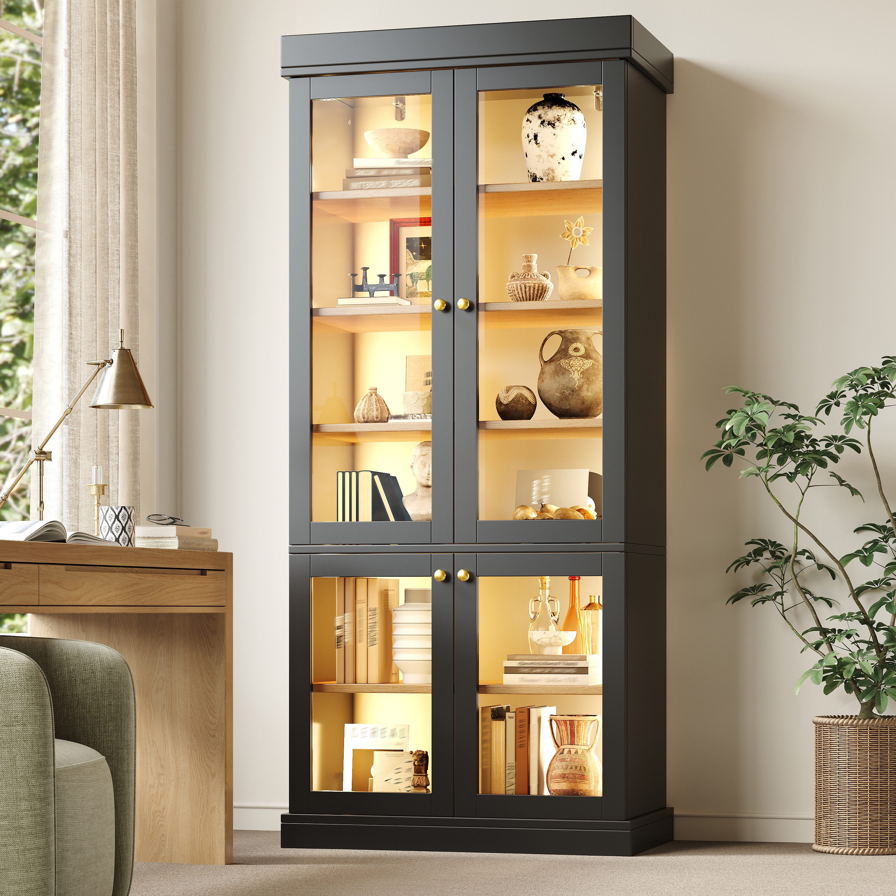 Flieks Hochschrank Glasvitrine Bücherregal mit LED-Beleuchtung Multifunktionsschrank (B80/T40/H180 cm, 1-St., Highboard für Wohnzimmer, Esszimmer, Schlafzimmer) Standvitrine Mehrzweckschrank mit 4 Glastüren, 6 Ebenen Schwarz