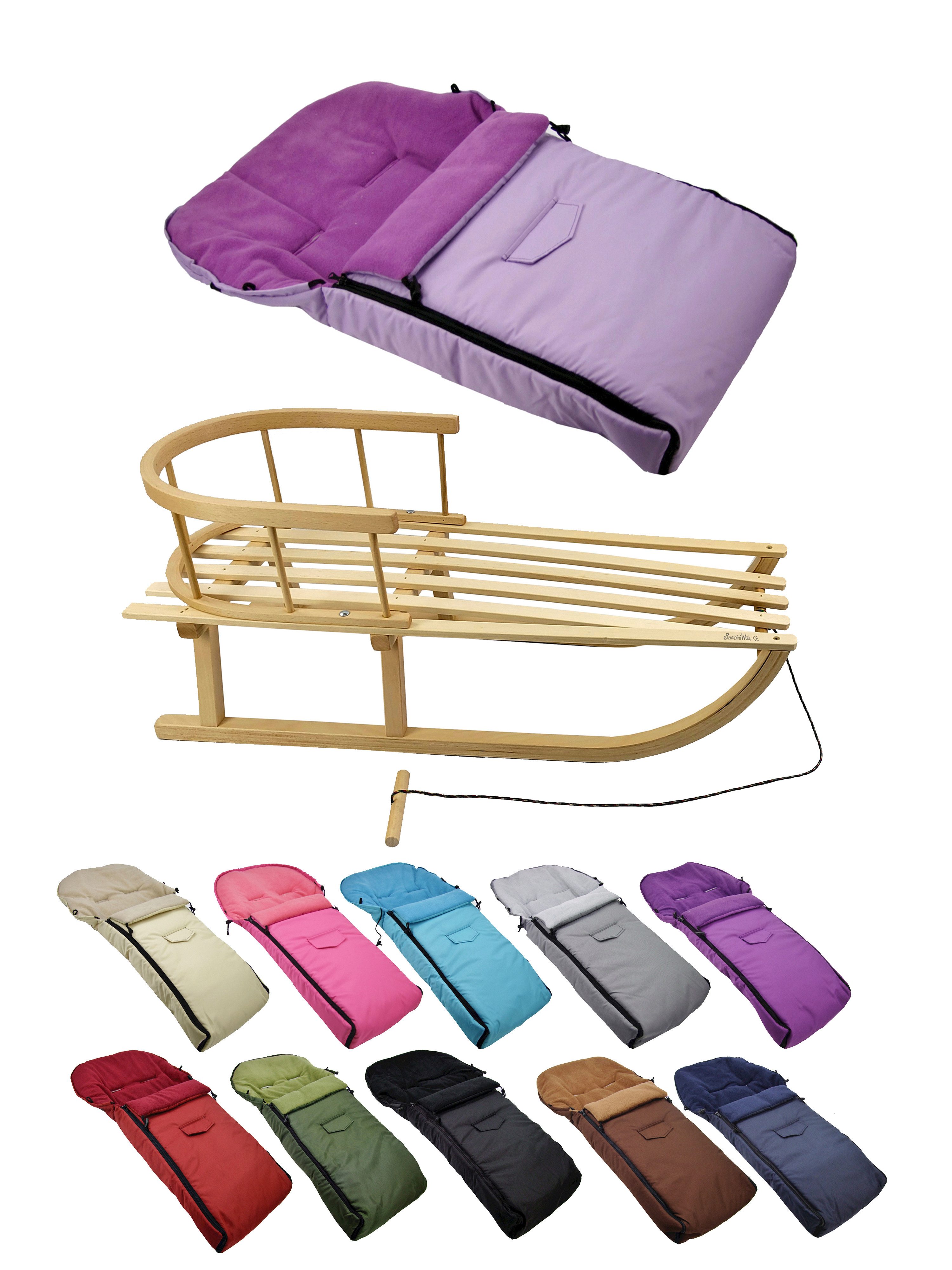 BambiniWelt by Rafael K. Davoser Санки CE-HOLZSCHLITTEN mit Rückenlehne Zugleine + WINTERFUßSACK Fleece 90cm