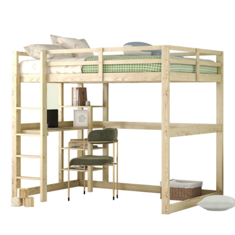 Hochbett Kinderbett, Jugendbett, Kieferholzbett mit Stauraum, 140 x 200cm