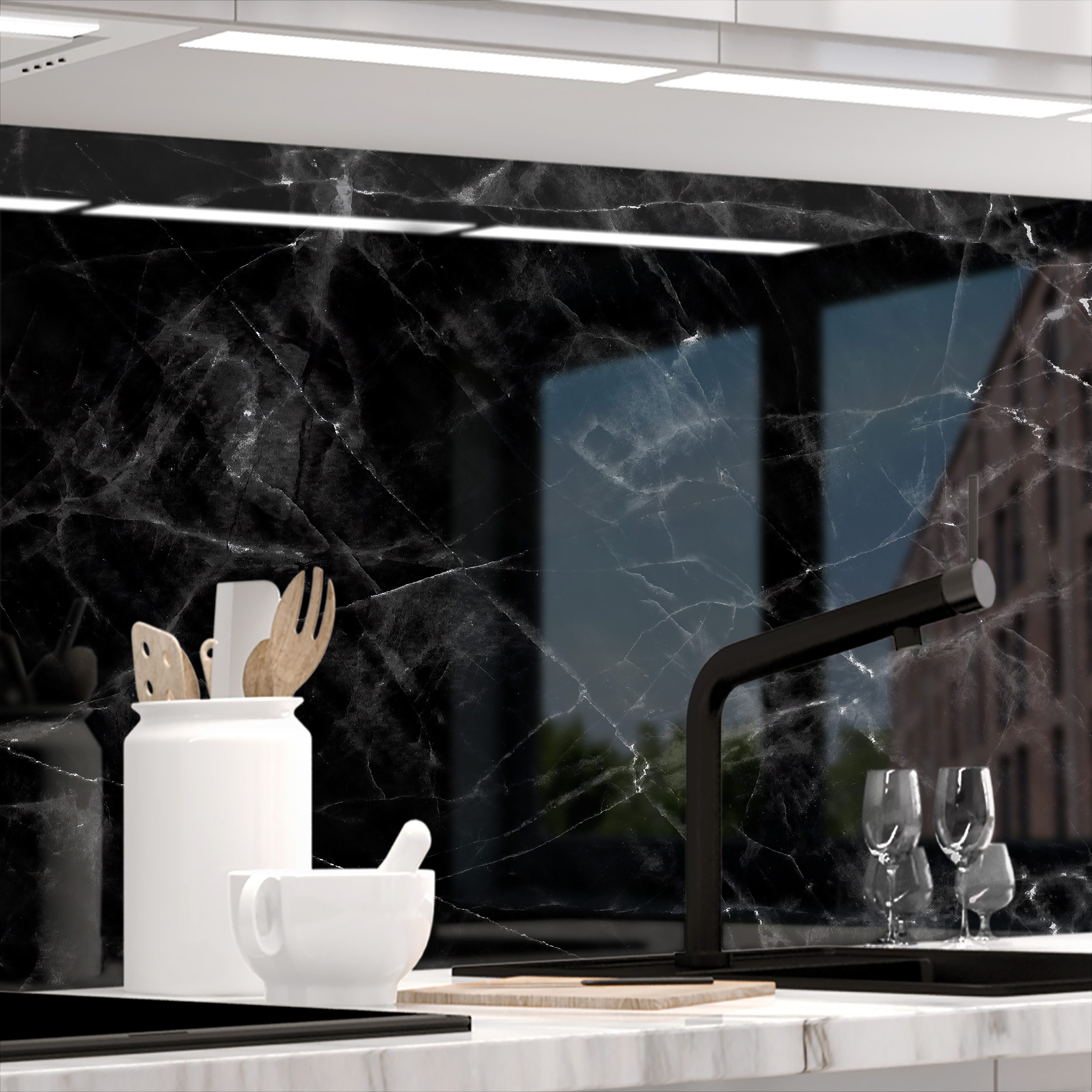 Stickerprofis Küchenrückwand MARMOR BLACK (Glasoptik), (Premium), 1,5mm, selbstklebend, hält auf besonders vielen Öberflächen