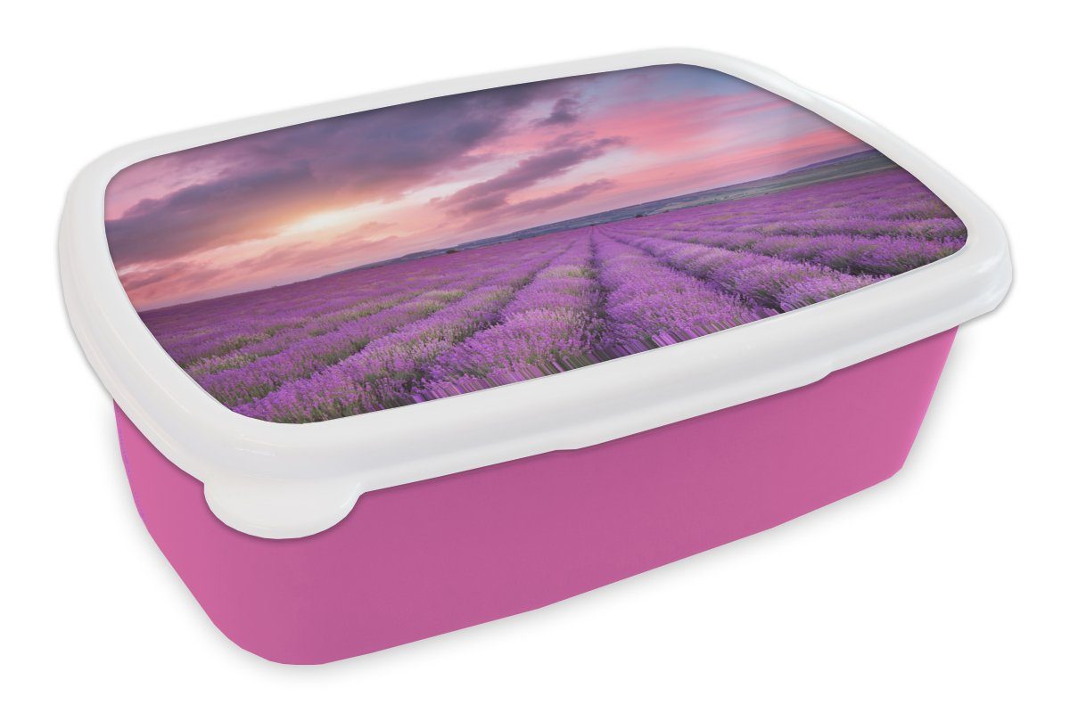 MuchoWow Lunchbox Lavendel - Lila - Wolken - Blumen, Kunststoff, (2-tlg), Brotbox für Erwachsene, Brotdose Kinder, Snackbox, Mädchen, Kunststoff rosa