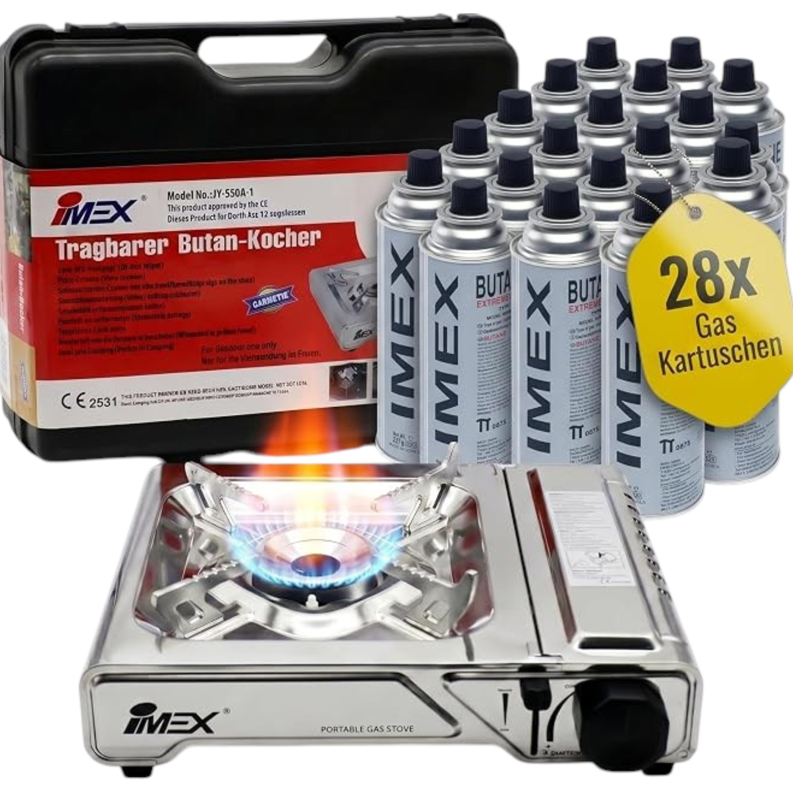 IMEX Gaskocher IMEX JY550A-1 Butan Gaskocher 2200 W mit Koffer + 28 Gaskartuschen