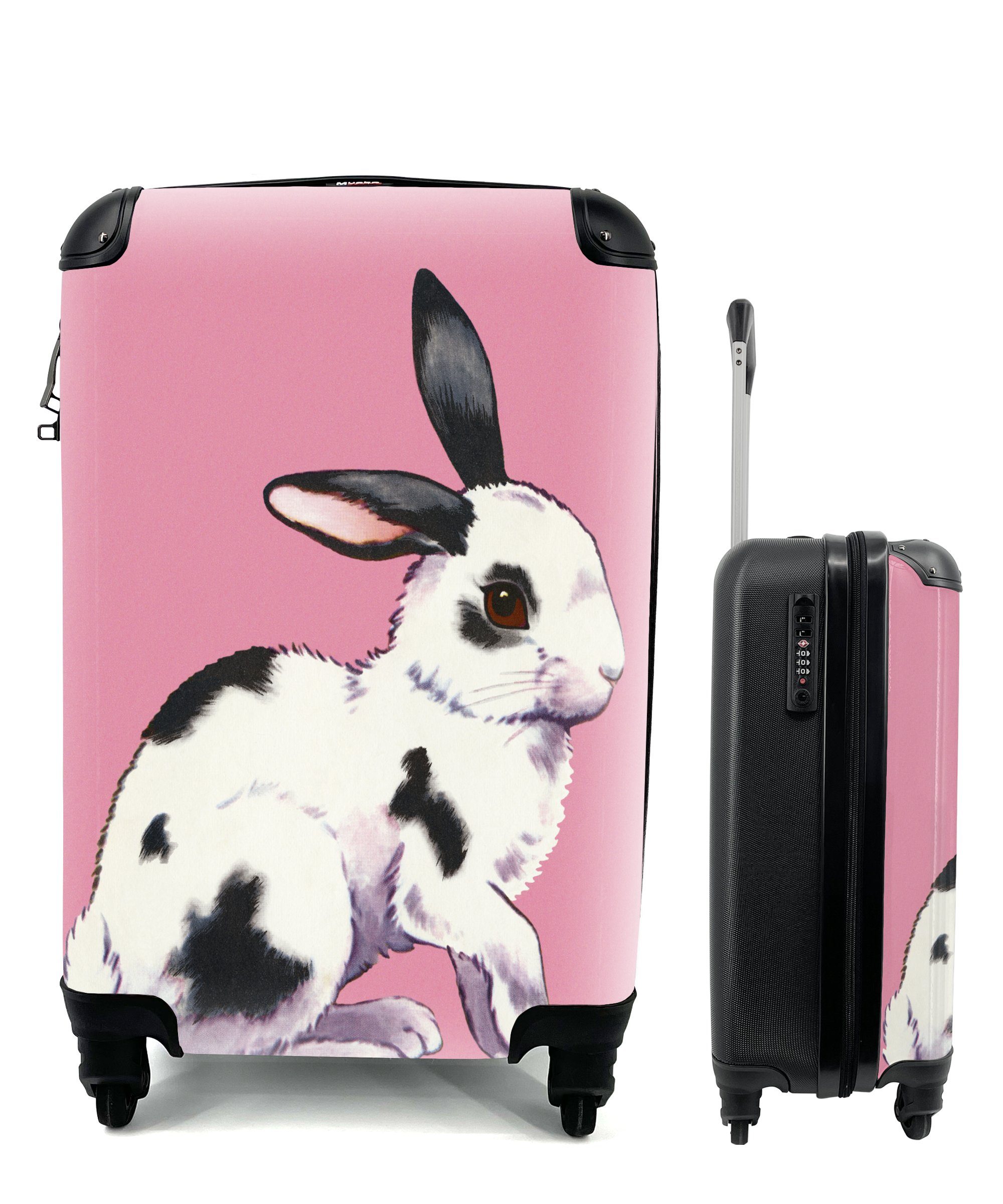 MuchoWow Handgepäckkoffer Kaninchen mit rosa Hintergrund, 4 Rollen, Reisetasche mit rollen, Handgepäck für Ferien, Trolley, Reisekoffer | Handgepäck-Koffer