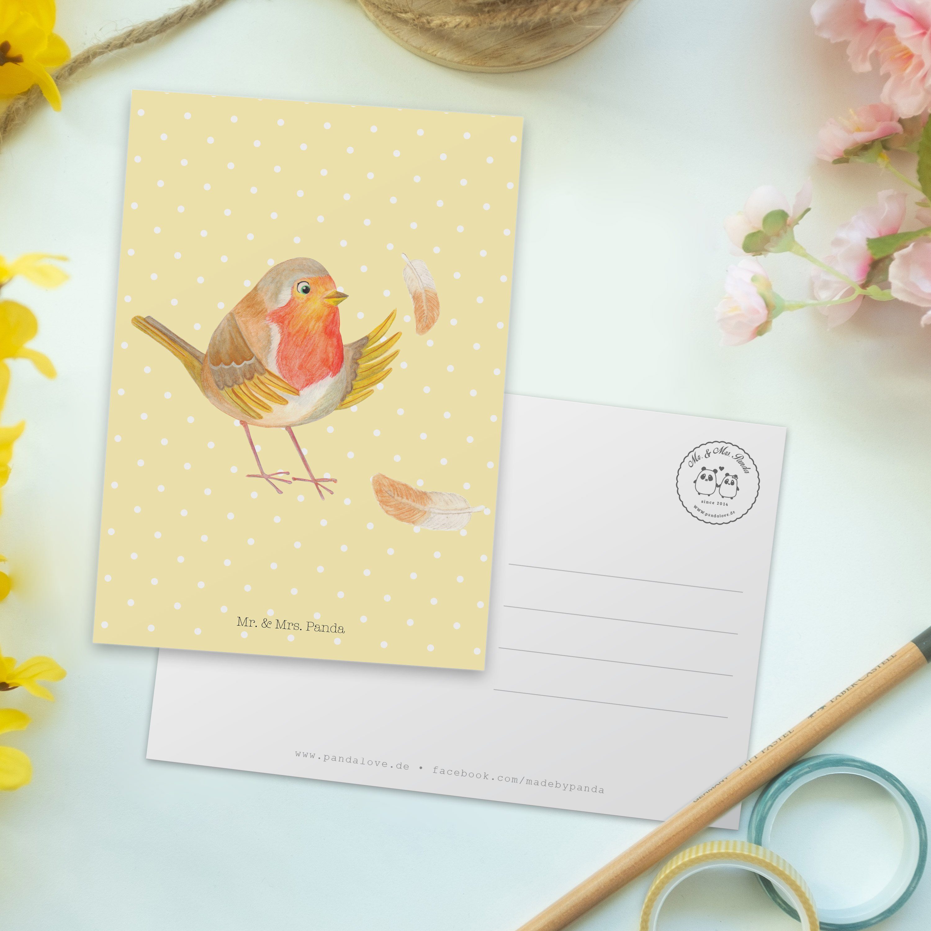 Mr. Geschenk, Mrs. & Karte, Rotkehlchen - Motivationsb Panda Federn mit - Pastell Postkarte Gelb