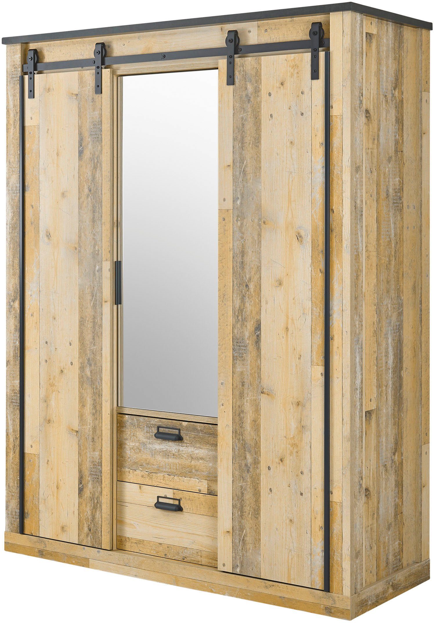 Home affaire Kleiderschrank SHERWOOD Schlafzimmerschrank mit Spiegel,2 Schubladen, Wäscheschrank Schiebetüren mit Scheunentorbeschlag aus Metall, B/T/H 161/63/209cm