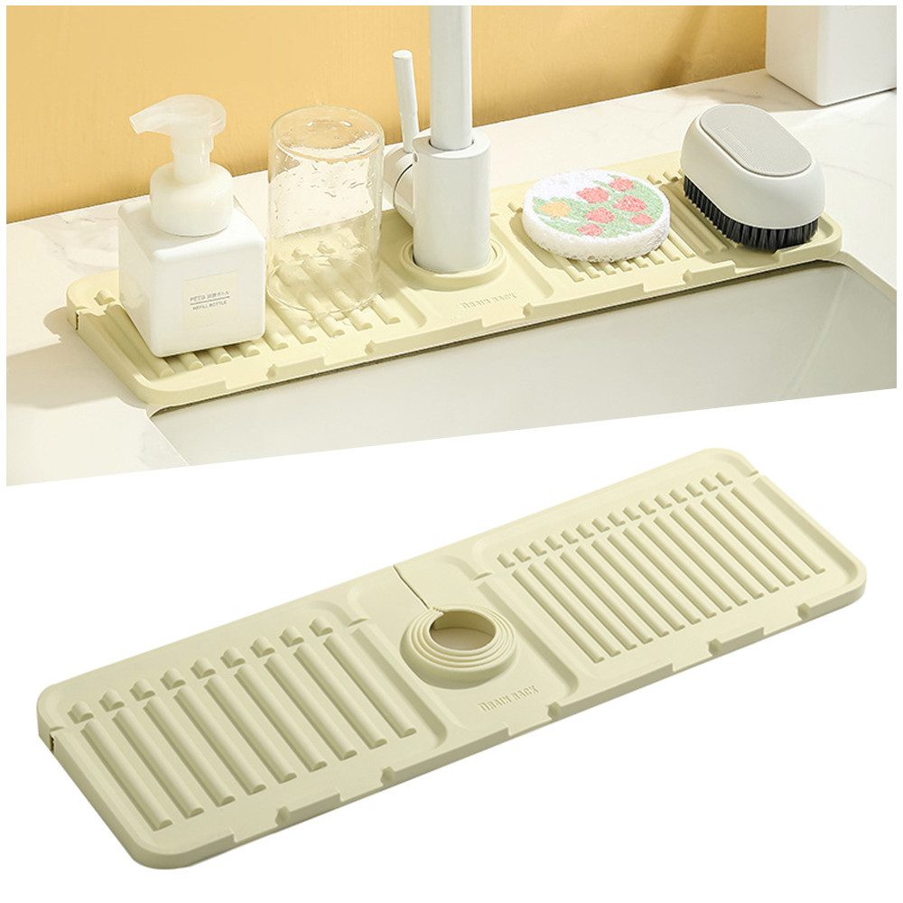 TUWENA Abtropfmatte 44.5×14..5cm Silikon Abtropfmatte für Küchenspüle & Wasserhahn, Spritzschutz mit 8° Neigung, selbstentleerend, inkl. Ablauf