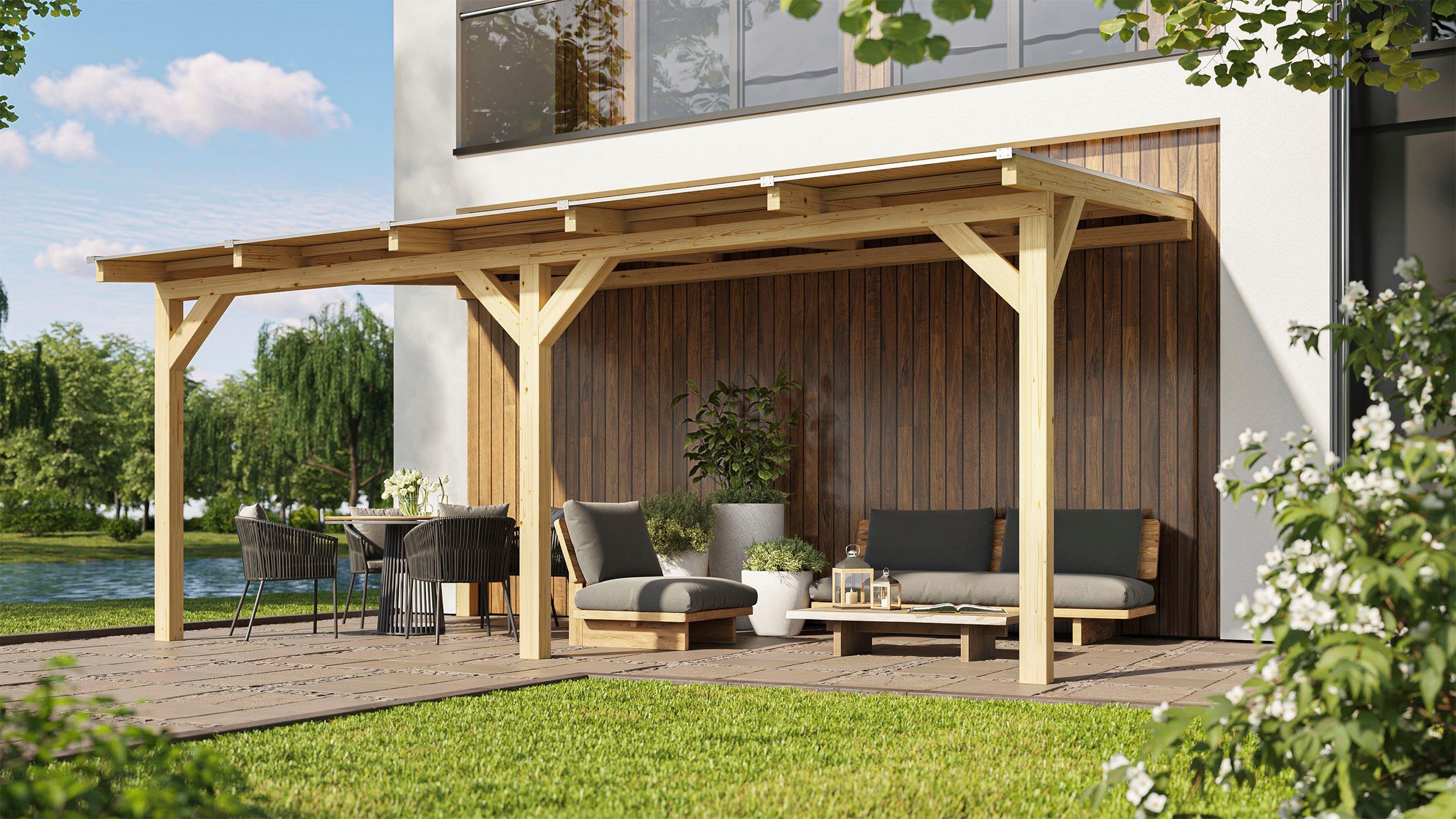 weka Terrassendach Terrassenüberdachung, BxT: 455x322 cm, aus verzugssteifem Leimholz, direkt farblich behandelbar