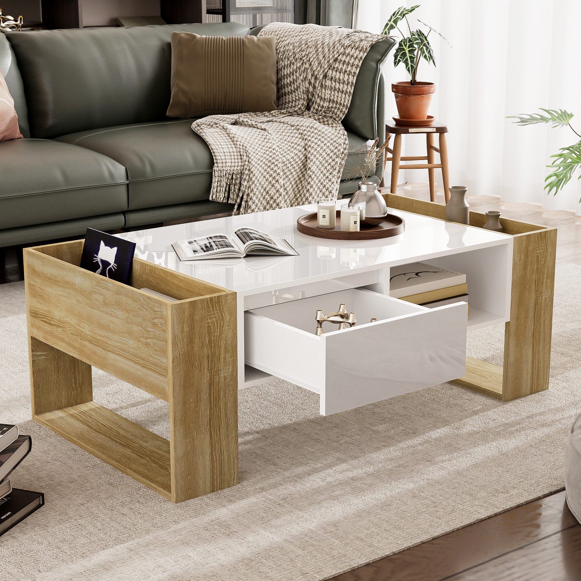 Merax Couchtisch aus Holz mit Schublade,Wohnzimmertisch günstig online kaufen