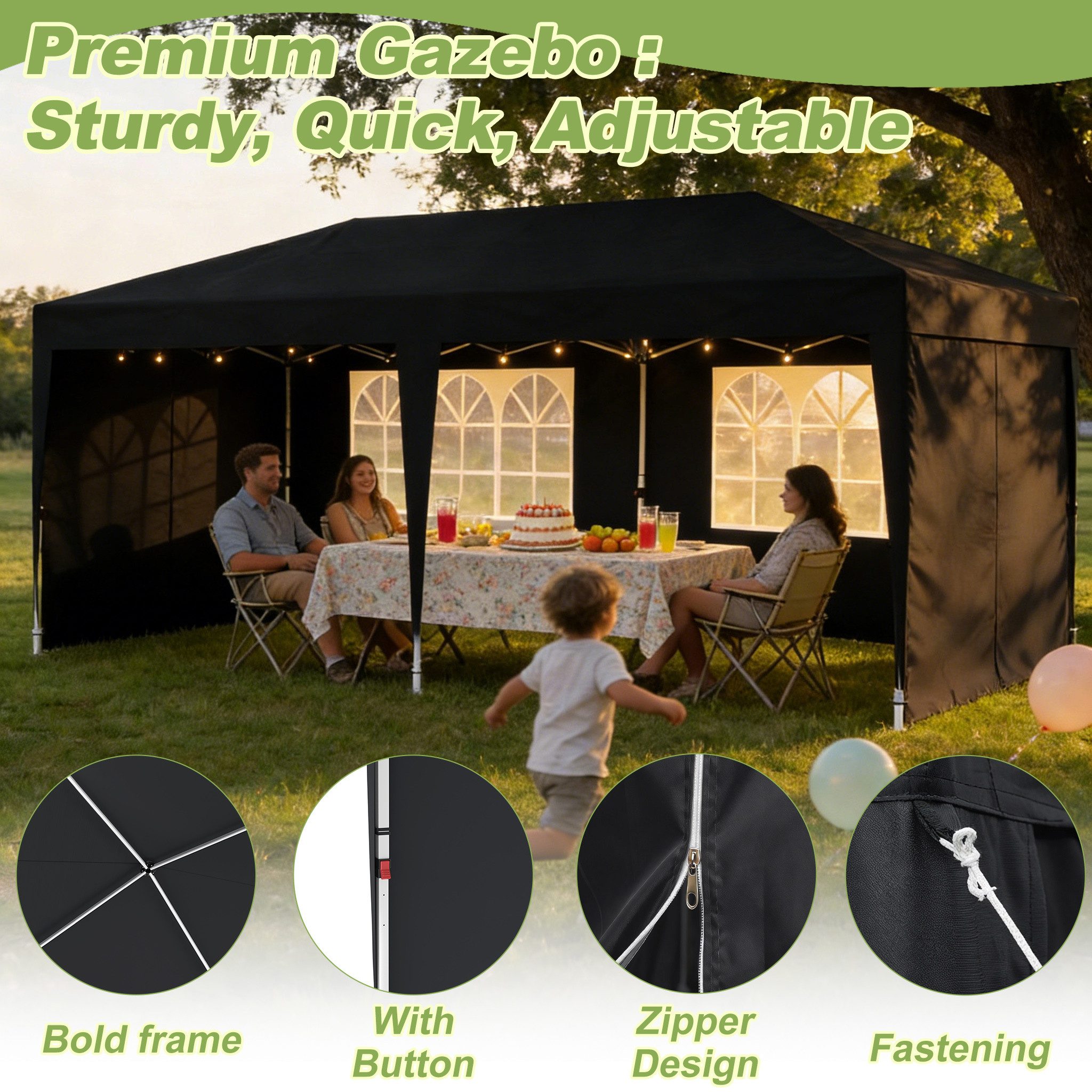 FIVMEN Partyzelt 3x6m Faltpavillon mit 6 Seitenwände Höhenverstellbar Gartenpavillon, Ideal für Gartenfeste & Feiern, Einfach aufbauen