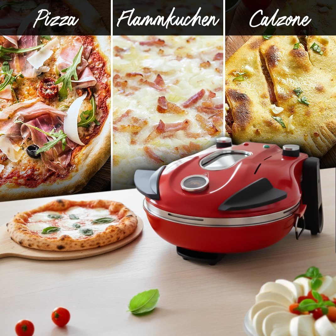 KLAMER Pizzaofen abnehmbarer Keramik Pizzastein, 5 Temperaturstufen, 15 Minuten Timer,…, Herausnehmbarer Pizzastein, 5 Temp.-Stufen, Cool-Touch-Griffe